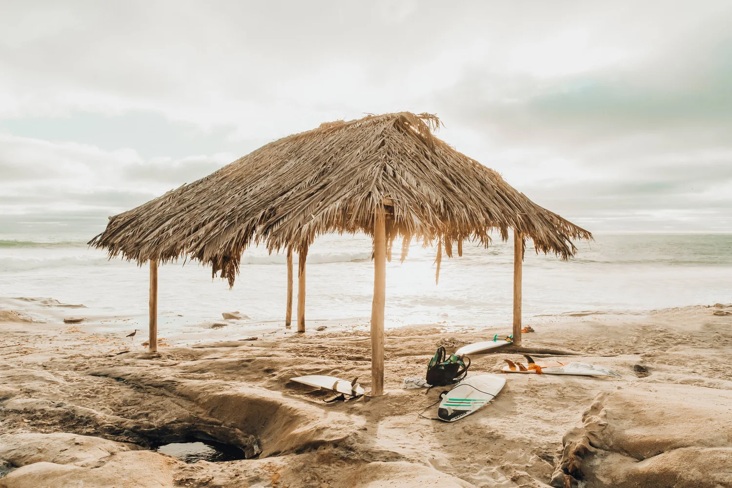 The palm shack on the sand at Windansea Beach, two blocks from Wavehouse