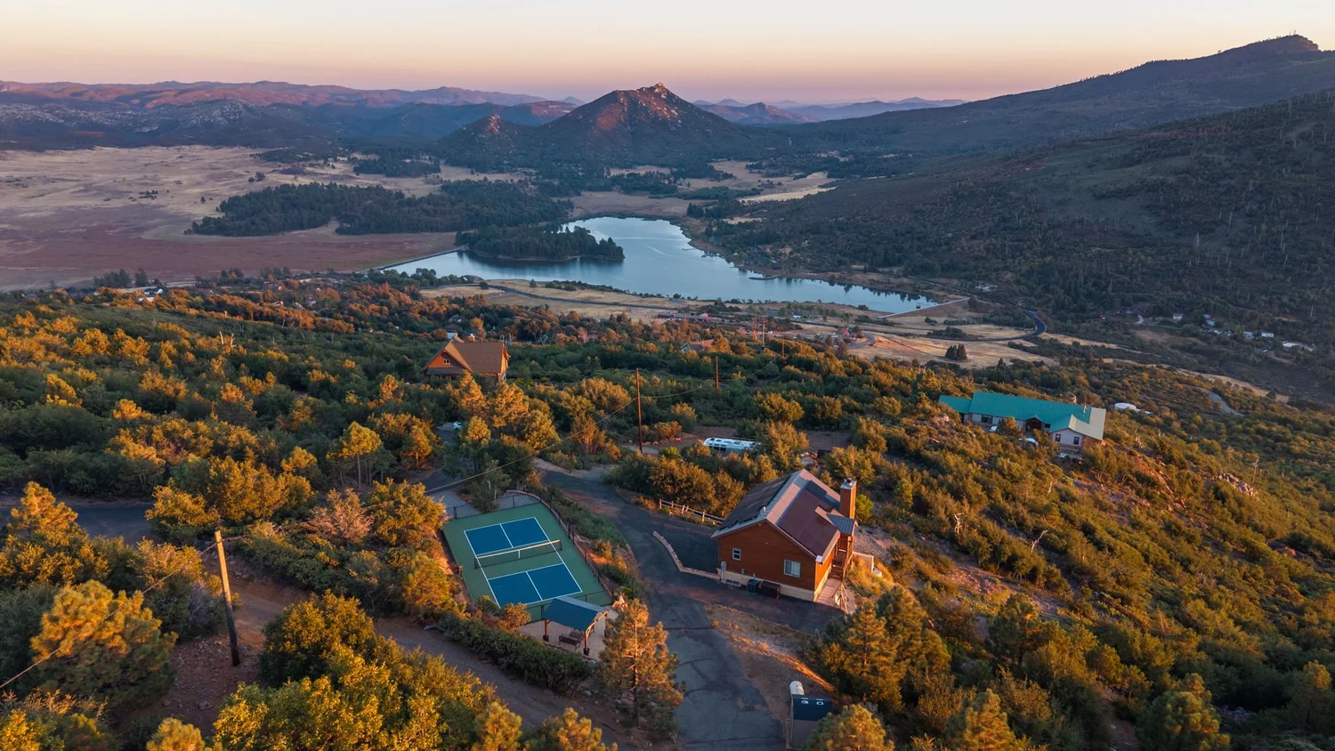 Lake Cuyamaca views from above the cabin and pickleball court at Wild Moon Ranch