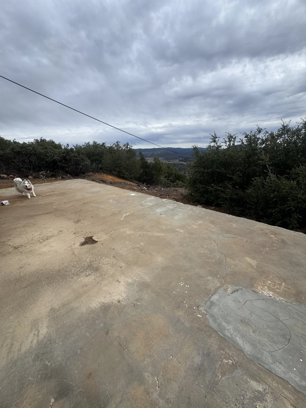 Before: the empty concrete pad and brush, before the yoga deck was built at Restore Outpost, Wild Moon Ranch, Julian