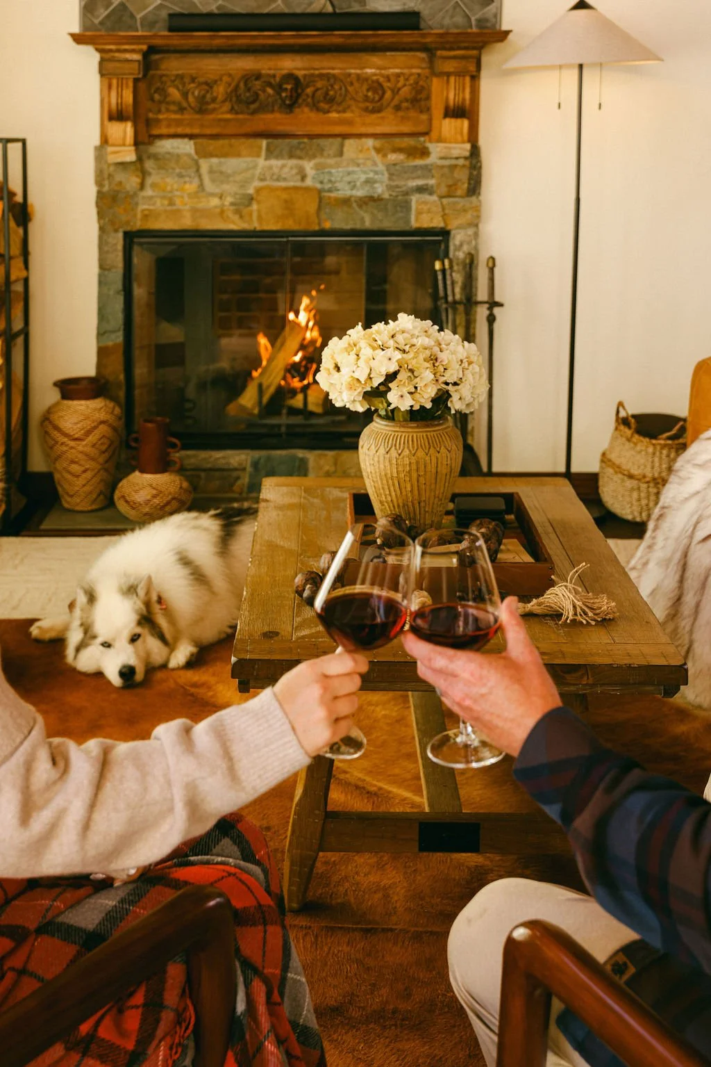 Cozy evening at Wild Moon Ranch with wine relaxing in the living room.