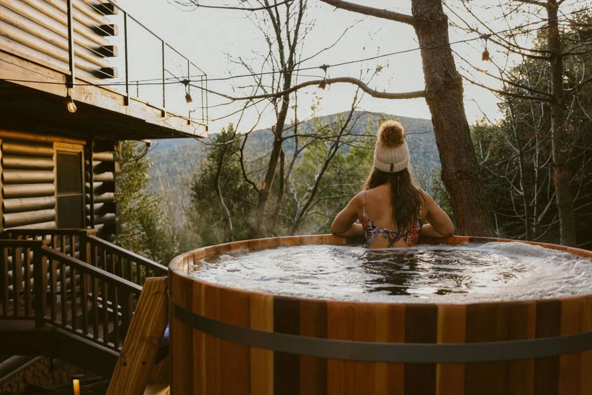 Cedar hot tub under the stars at Dark Moon Chalet, an A-frame cabin near Julian, CA