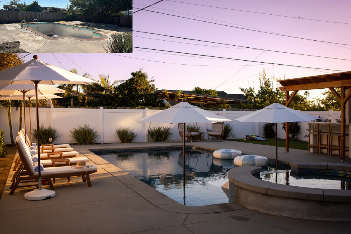 Before and after: the outdoor space and pool