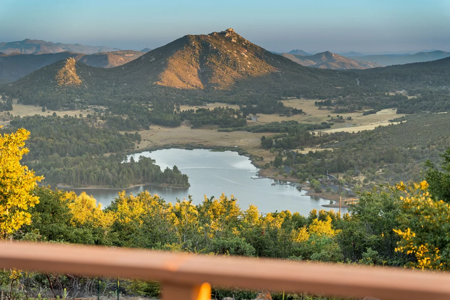 Lake Cuyamaca view from the yoga deck at Restore Outpost, a retreat space near Julian