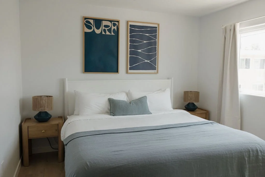 A neatly made bed with white and light blue bedding, flanked by two wooden nightstands with matching lamps, and two framed art prints with surf and wave themes hanging above.