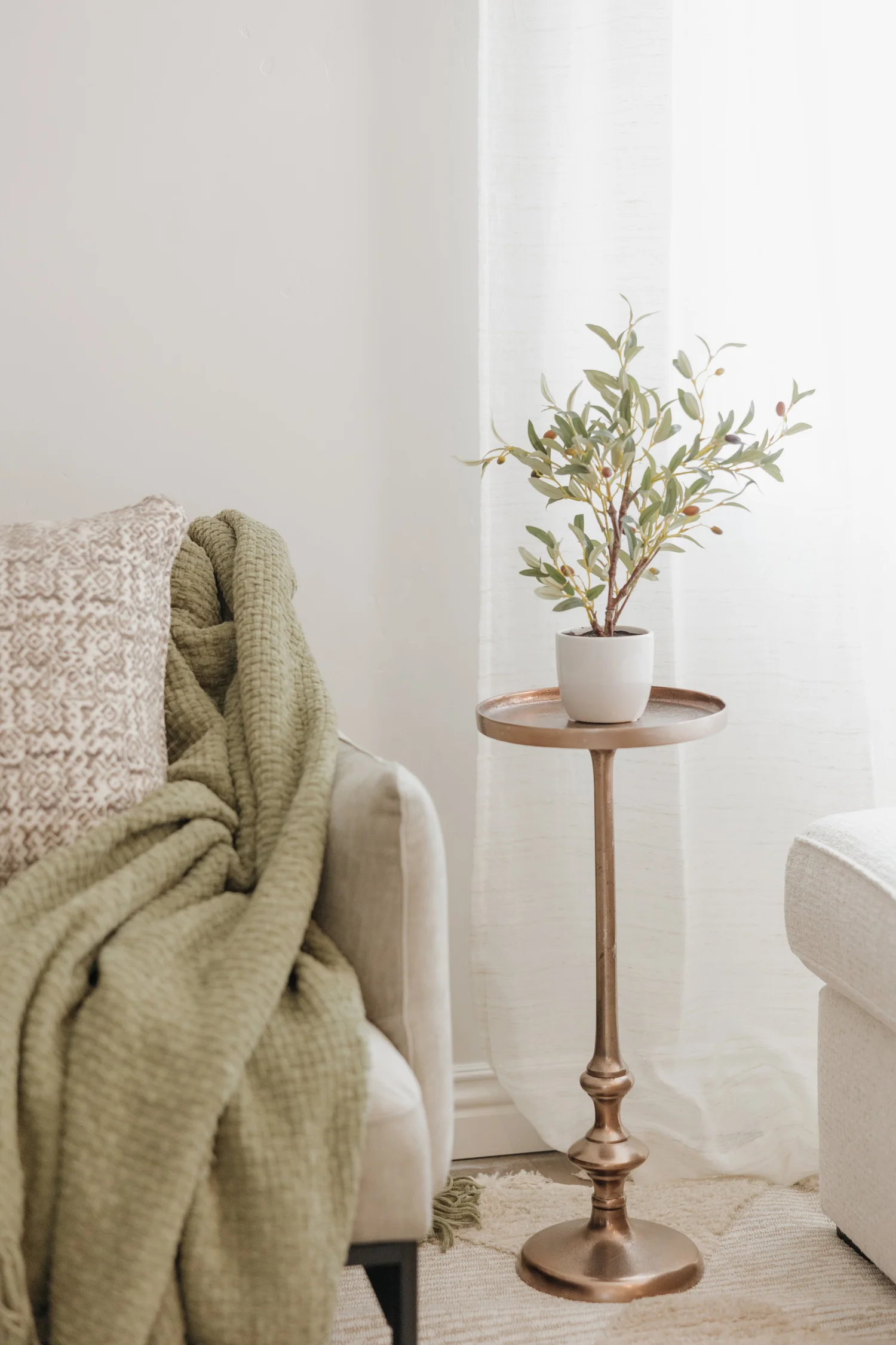 Sofa corner with a sage green throw and a brass plant stand at Coastal Palm in Pacific Beach, designed by Salt and Sky Lodging Co.