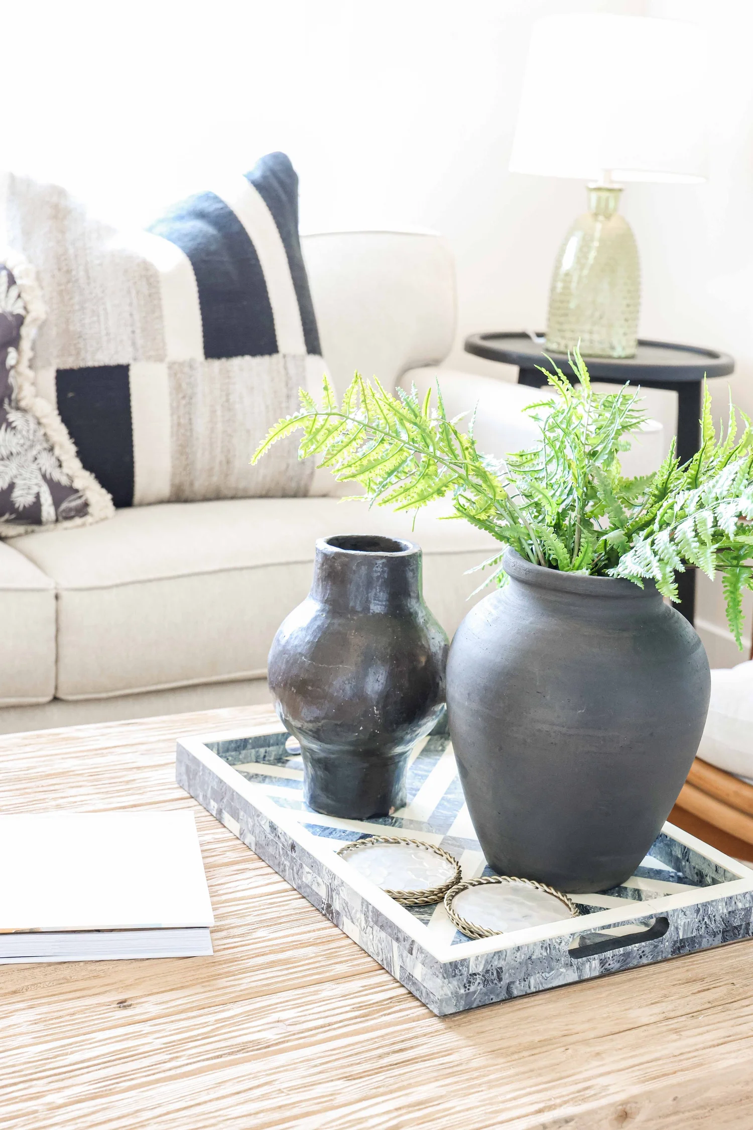 Coffee table styling with black vases and a fern at Clementine B in Oceanside, designed by Salt and Sky Lodging Co.