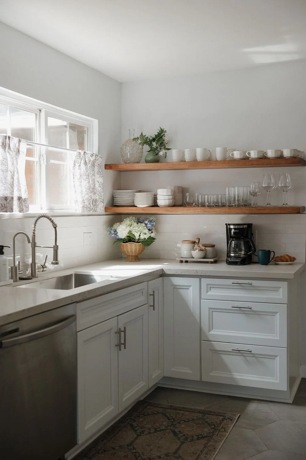 Open wood shelves in The Villa kitchen