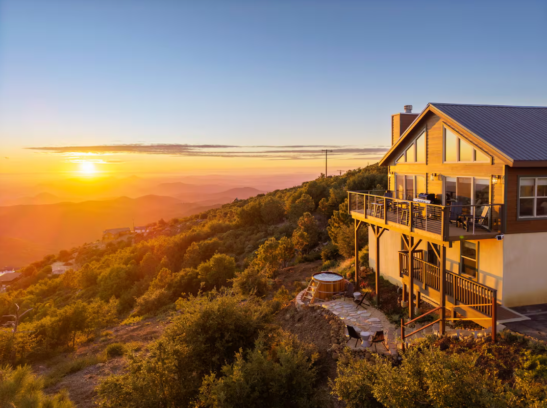 Wild Moon Ranch cabin at sunset with cedar hot tub and mountain views near Julian, CA