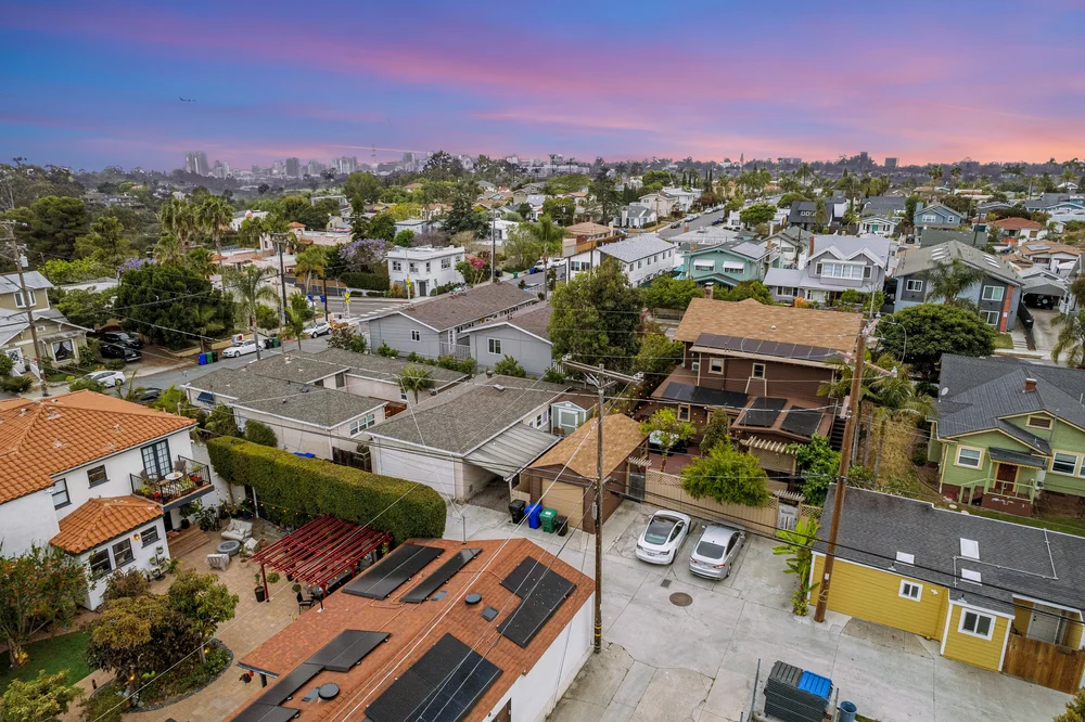 An aerial view of Palm Parkside and the North Park and South Park neighborhoods of San Diego at sunset