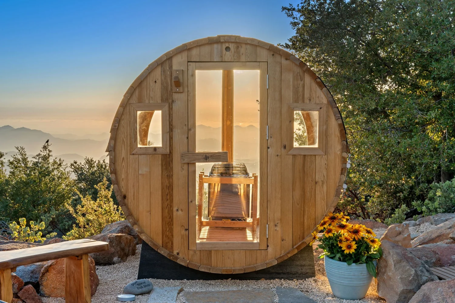 Traditional sauna with mountain views at Restore Outpost, Wild Moon Ranch
