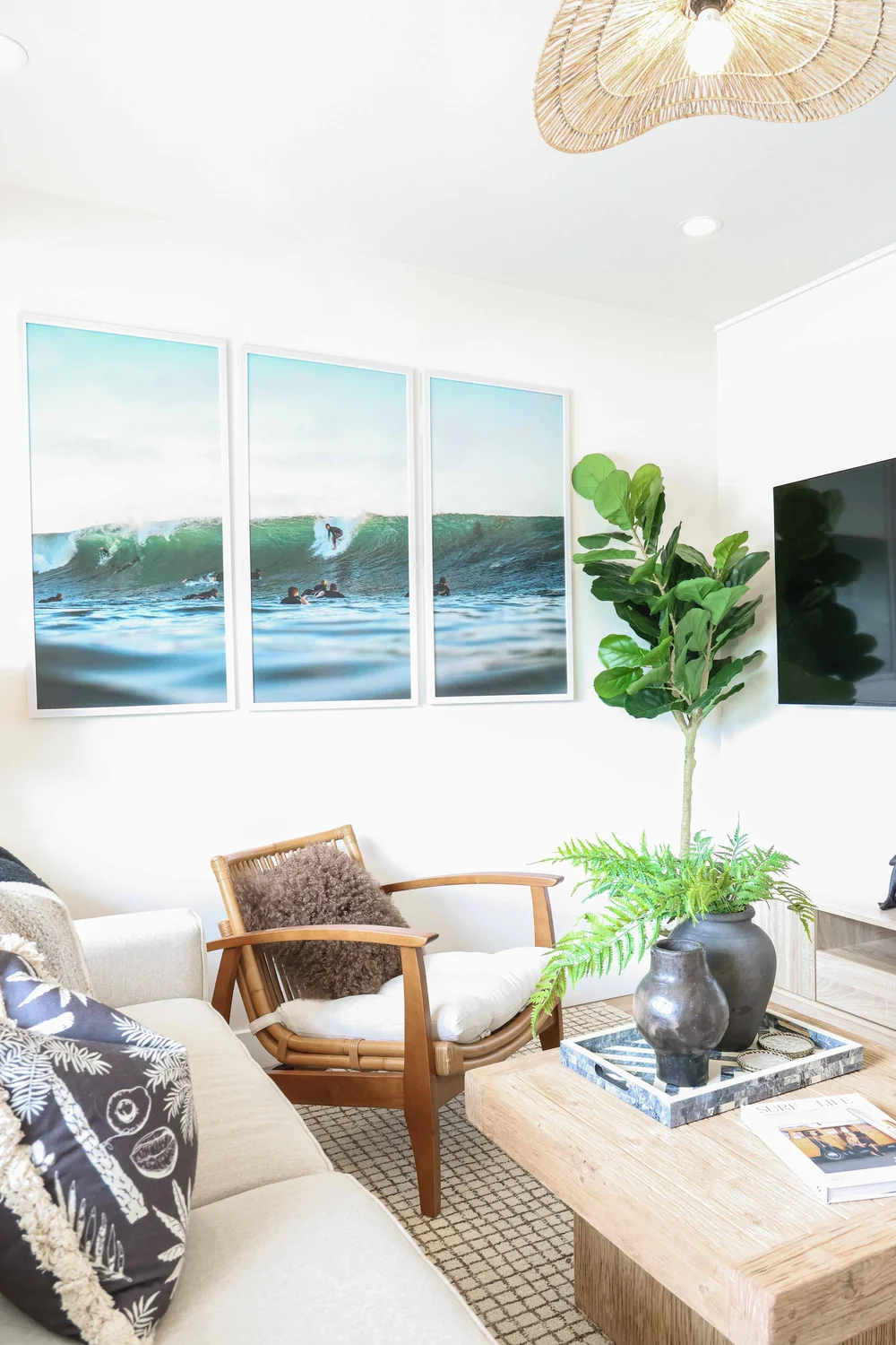 Wave art and a plant in the living room in Unit One at The Swell, Oceanside