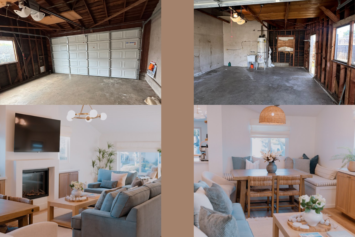 Before and after: the garage turned into a kitchen, living and dining space