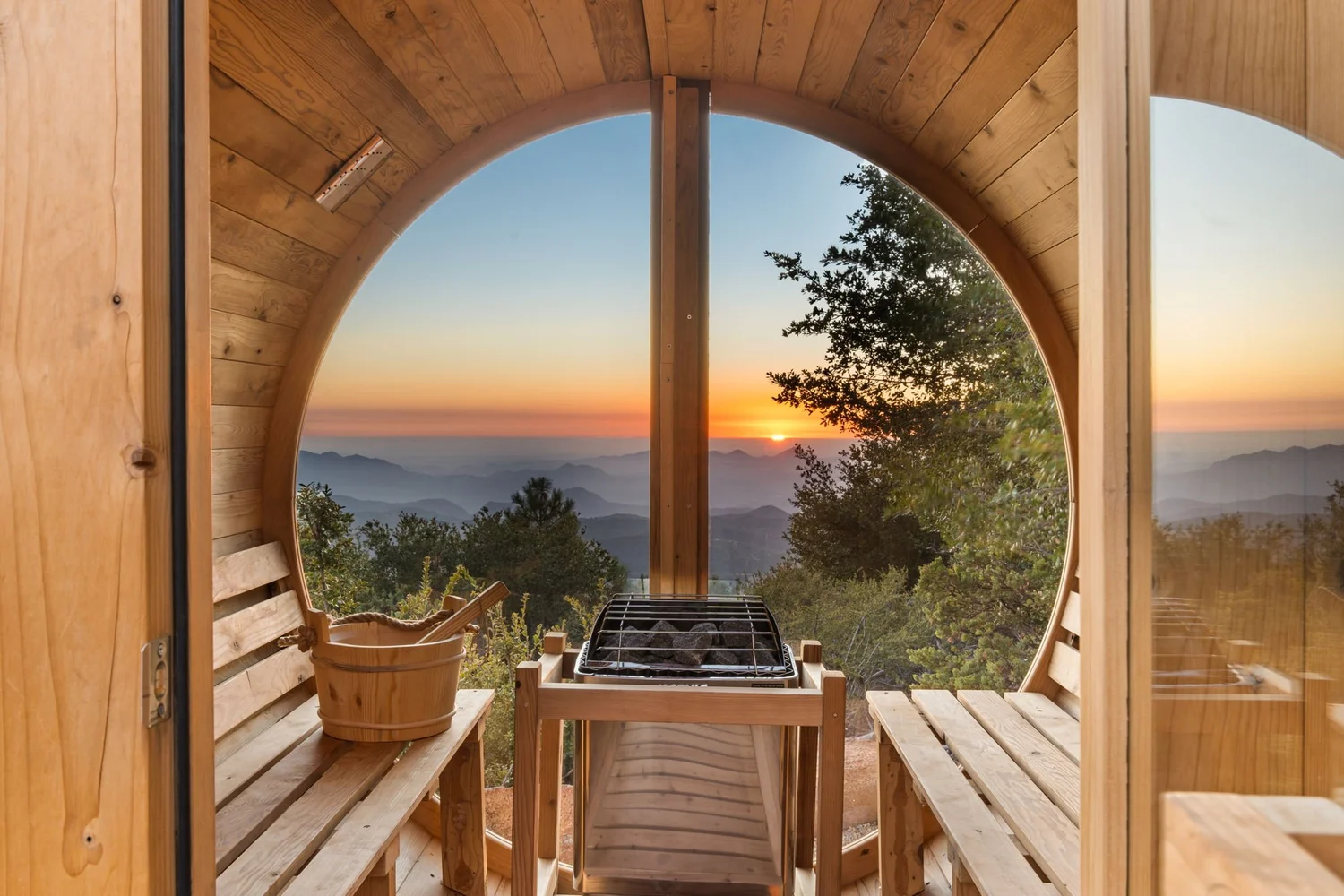 Mountain sunset view from the sauna bench at Restore Outpost, Julian California