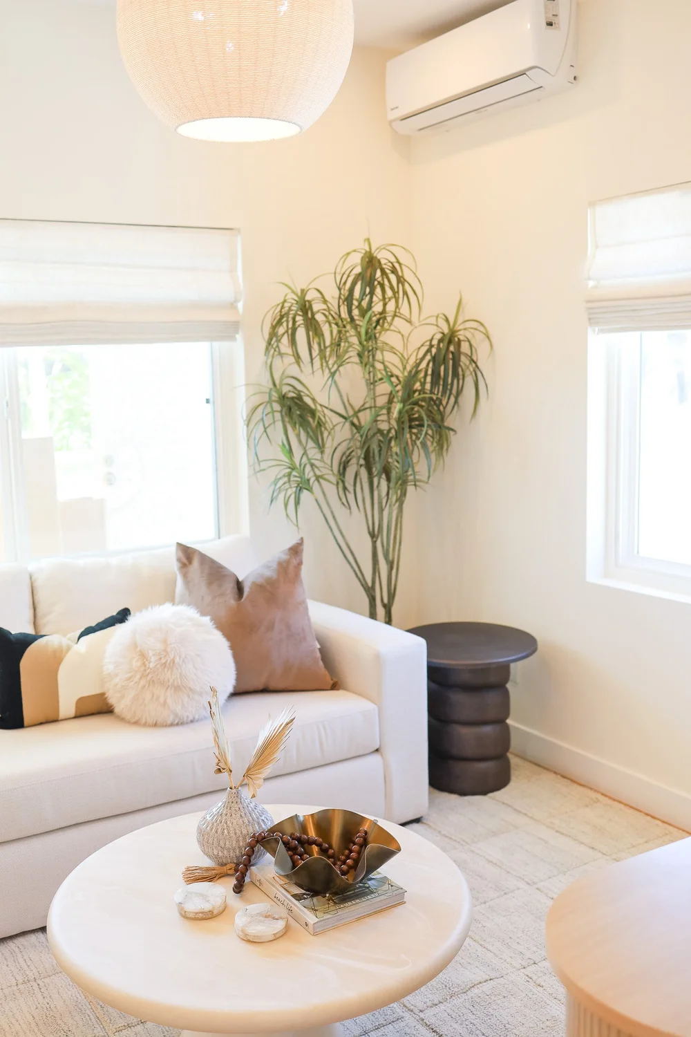 A cream sofa with pillows and a plant in Unit Three at The Swell, Oceanside