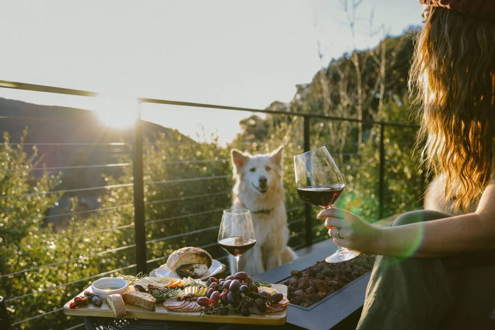 Dog-friendly deck at golden hour with charcuterie — cabin near San Diego