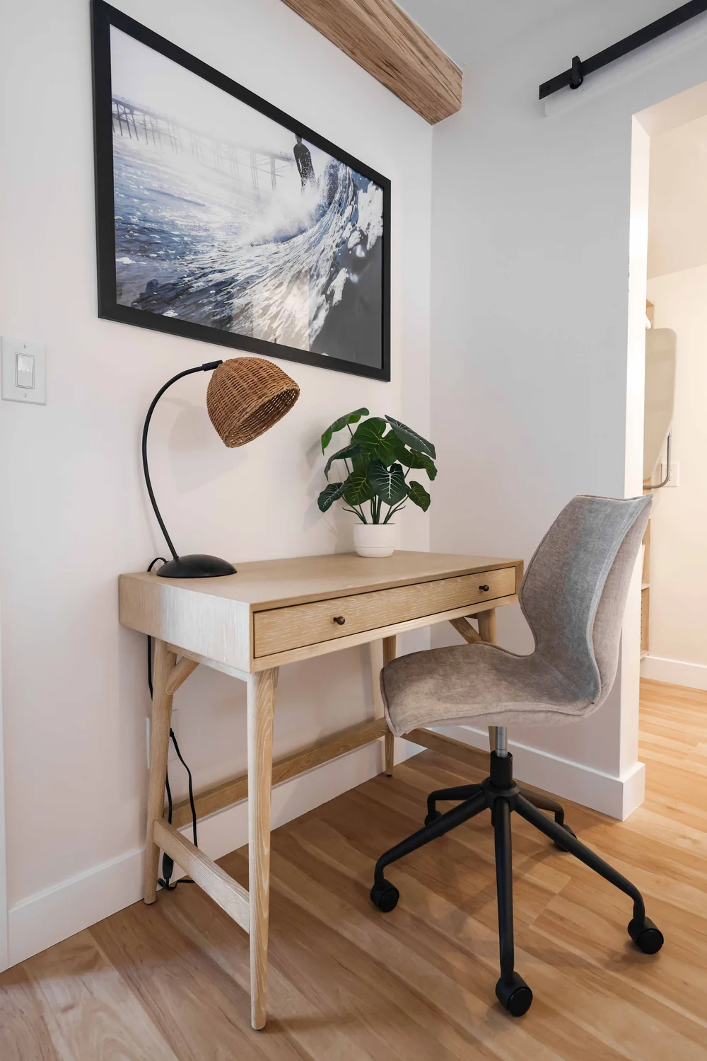 The dedicated desk with a wave print and a white office chair in Unit Two at The Swell, Oceanside