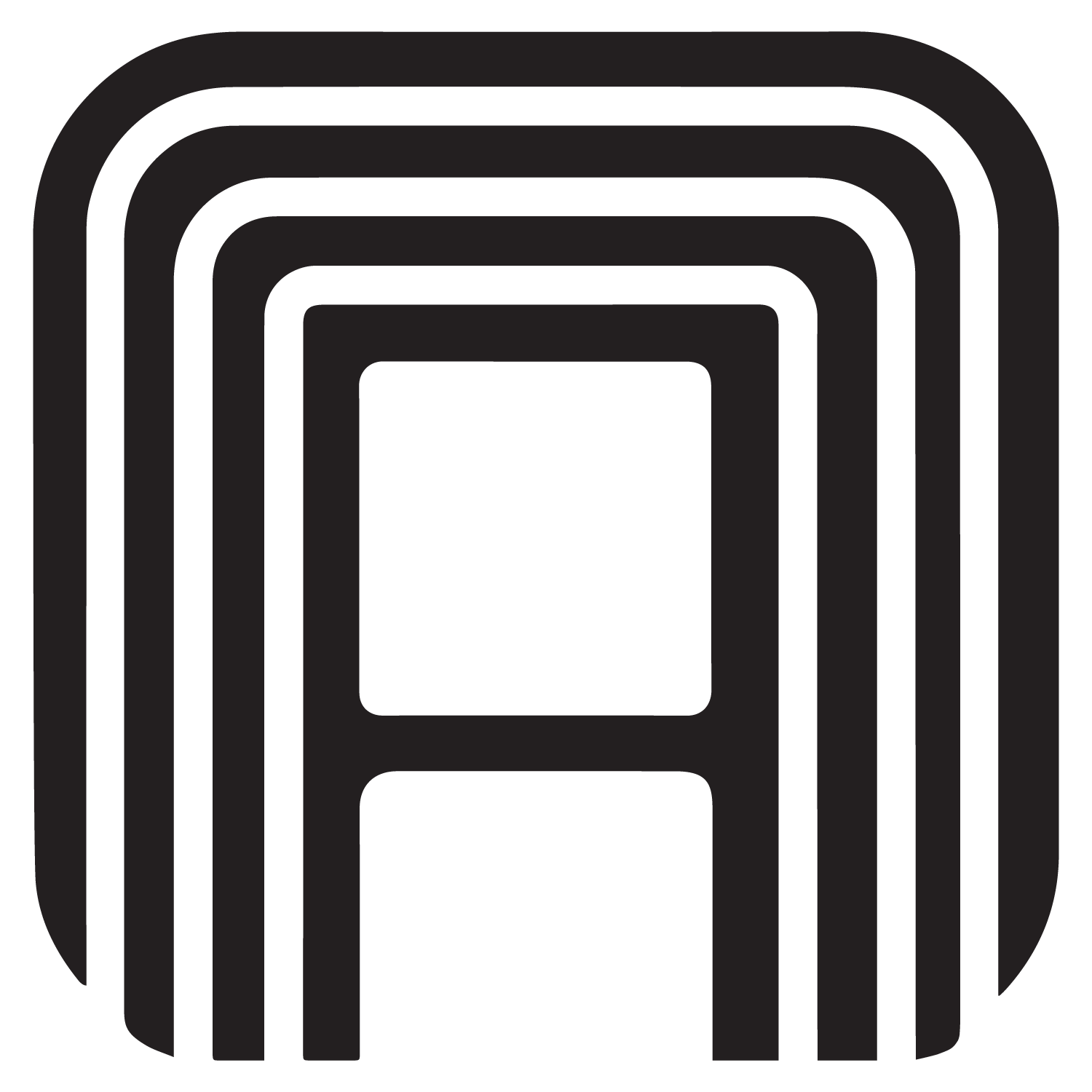 Black and white shield-shaped icon with geometric design.