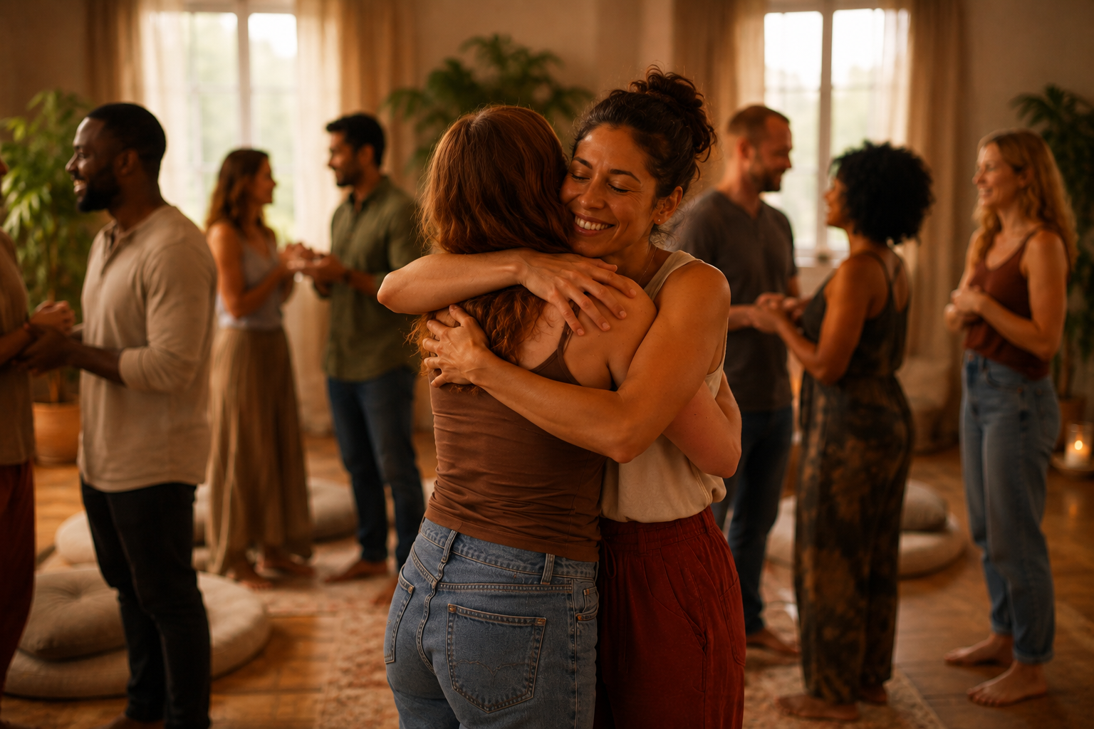 People dancing and hugging at a social gathering in a warmly lit room with large windows and plants.