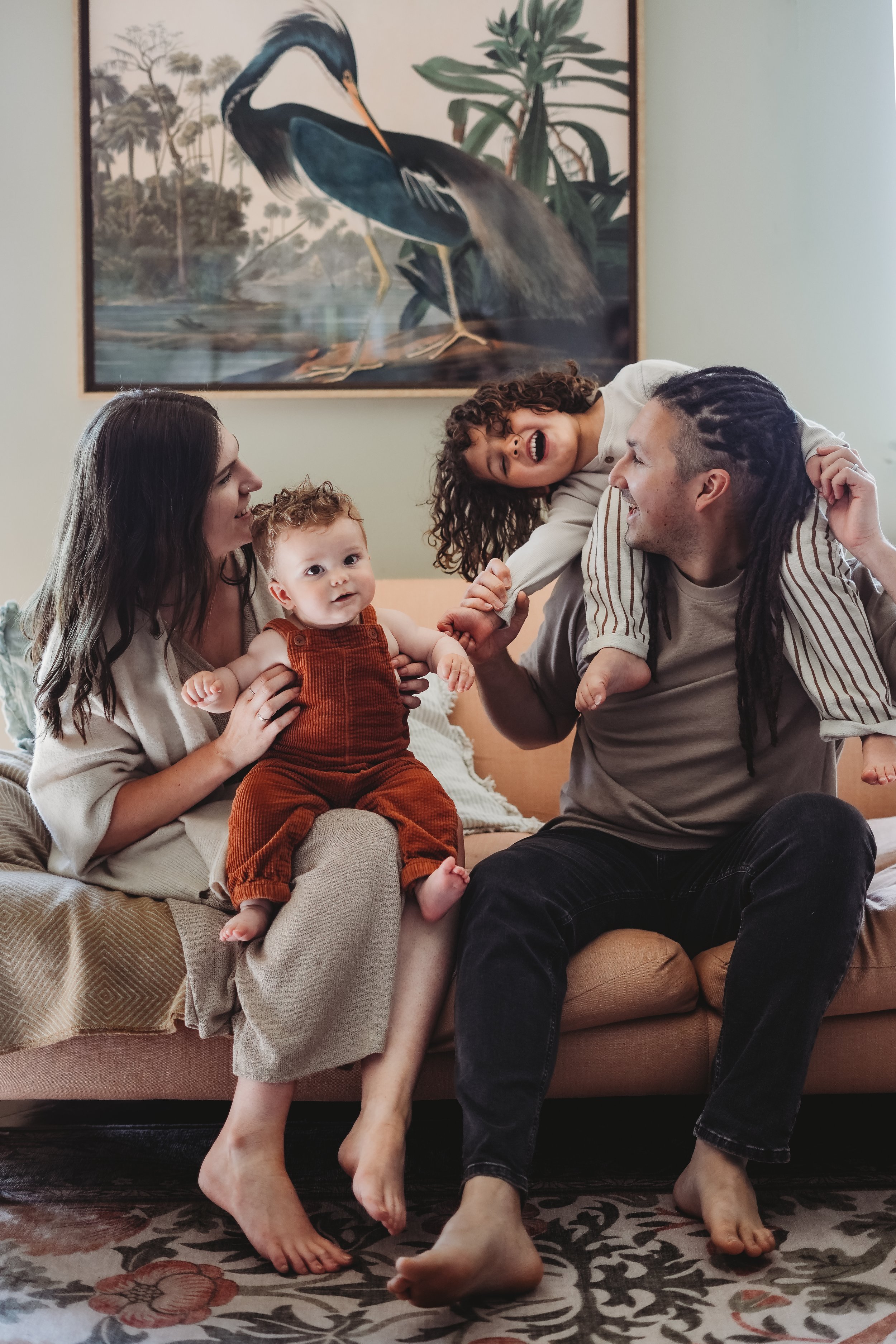 Family of four cuddled together with dad lifting toddler and mum holding baby