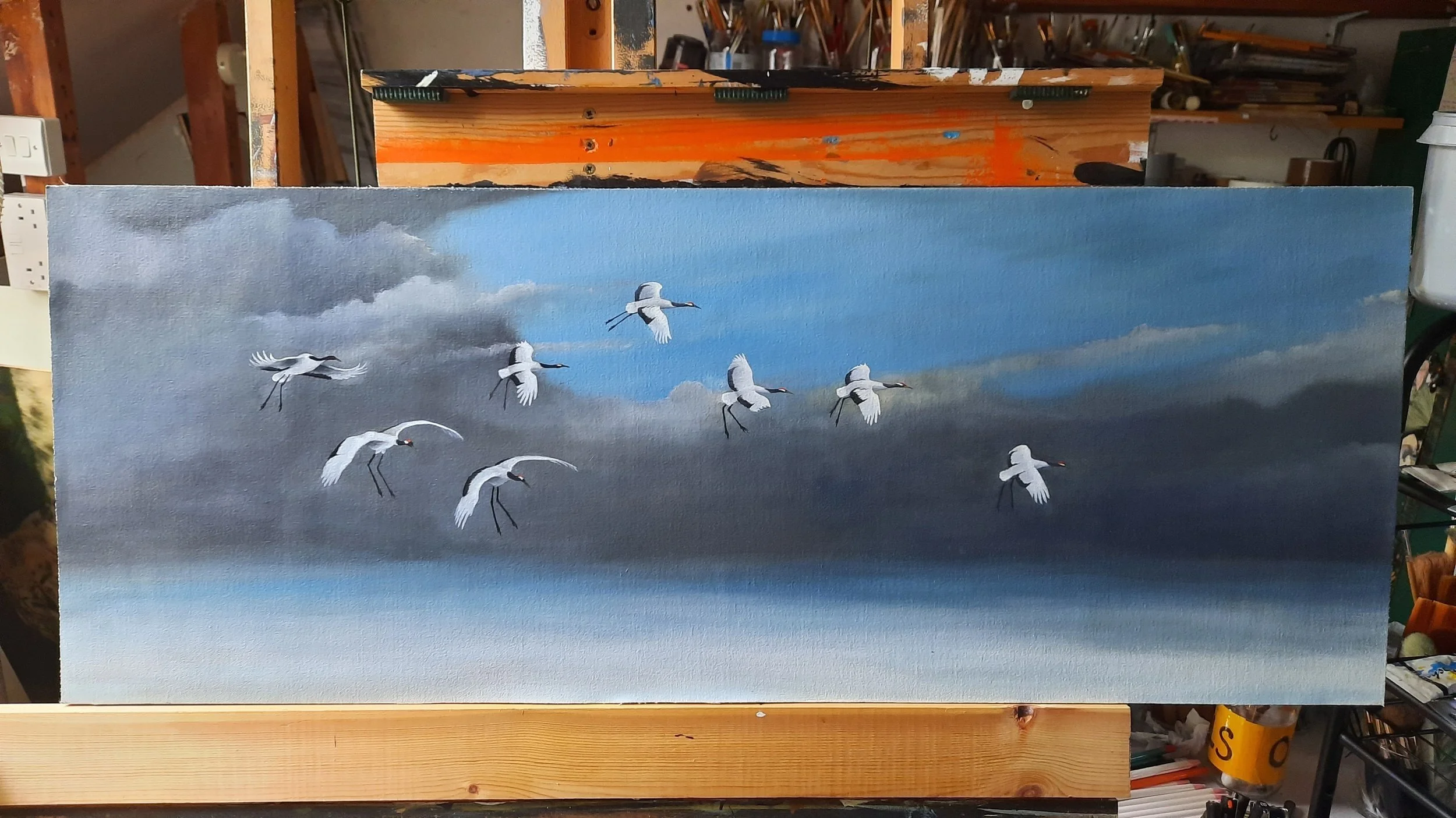 Red-Crowned cranes - Hokkaido.
Oil paints on canvas.
One of the most spectacular sights, trumpeting white cranes against a dark sky.