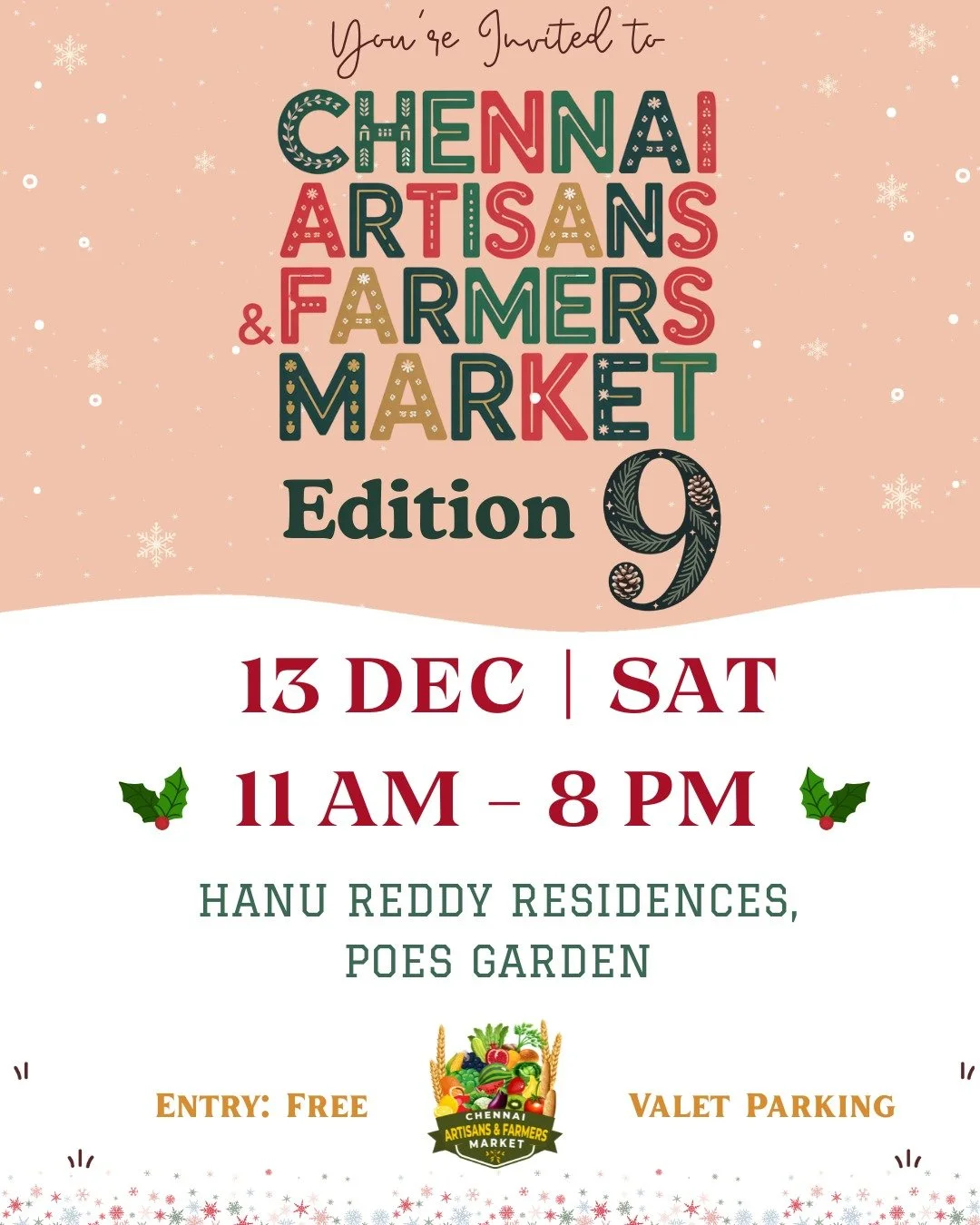 ✨ You&rsquo;re Invited! ✨
The Chennai Artisans &amp; Farmers Market &ndash; Edition 9 is back, and we&rsquo;re excited to host this wonderful community event at Hanu Reddy Residences, Poes Garden.

After a brief reschedule, we&rsquo;re happy to share