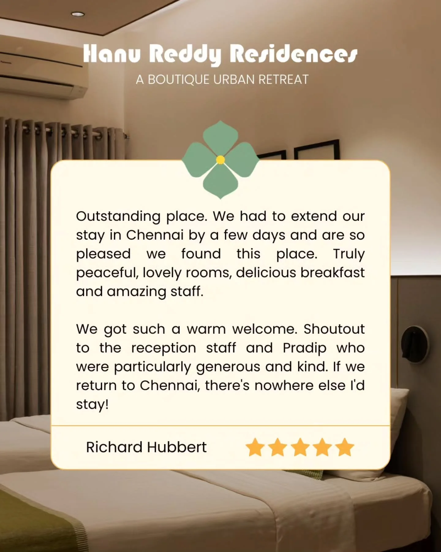 Thank you for choosing Hanu Reddy Residences and for your kind words. We look forward to welcoming you back whenever you&rsquo;re in Chennai.

Enquire Now: 📞 +91 73057 35555

Boutique Rooms in Chennai | Luxury Rooms in Chennai | Premium Stay Chennai