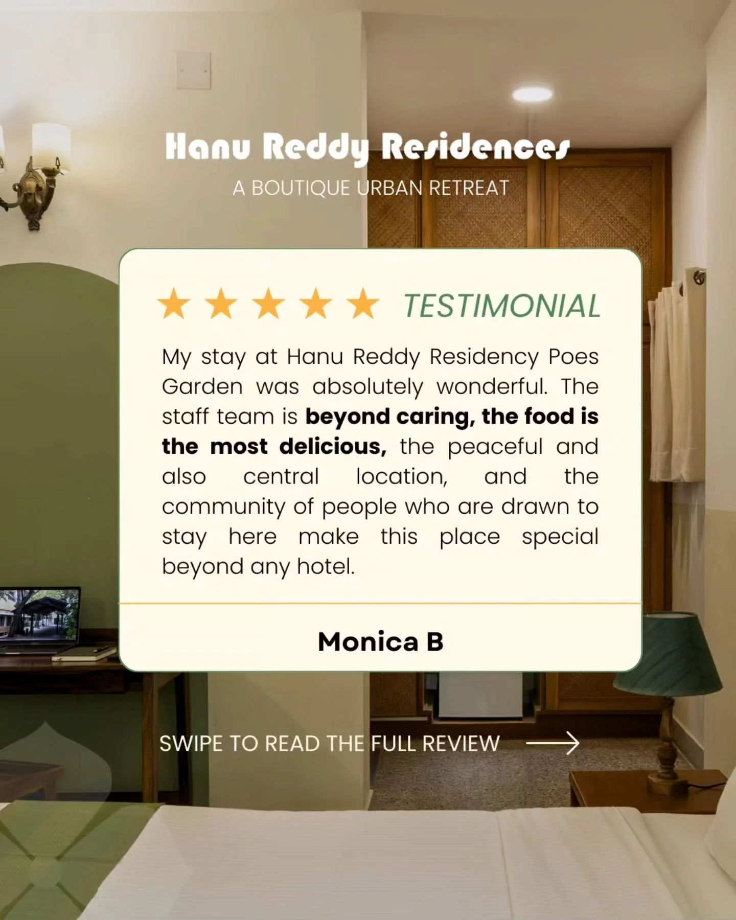 We&rsquo;re truly grateful for your kind words about your stay at Hanu Reddy Residences &ndash; Poes Garden. It means so much to us that our hospitality, peaceful spaces, and team could make your experience feel like a true home away from home.

Plan