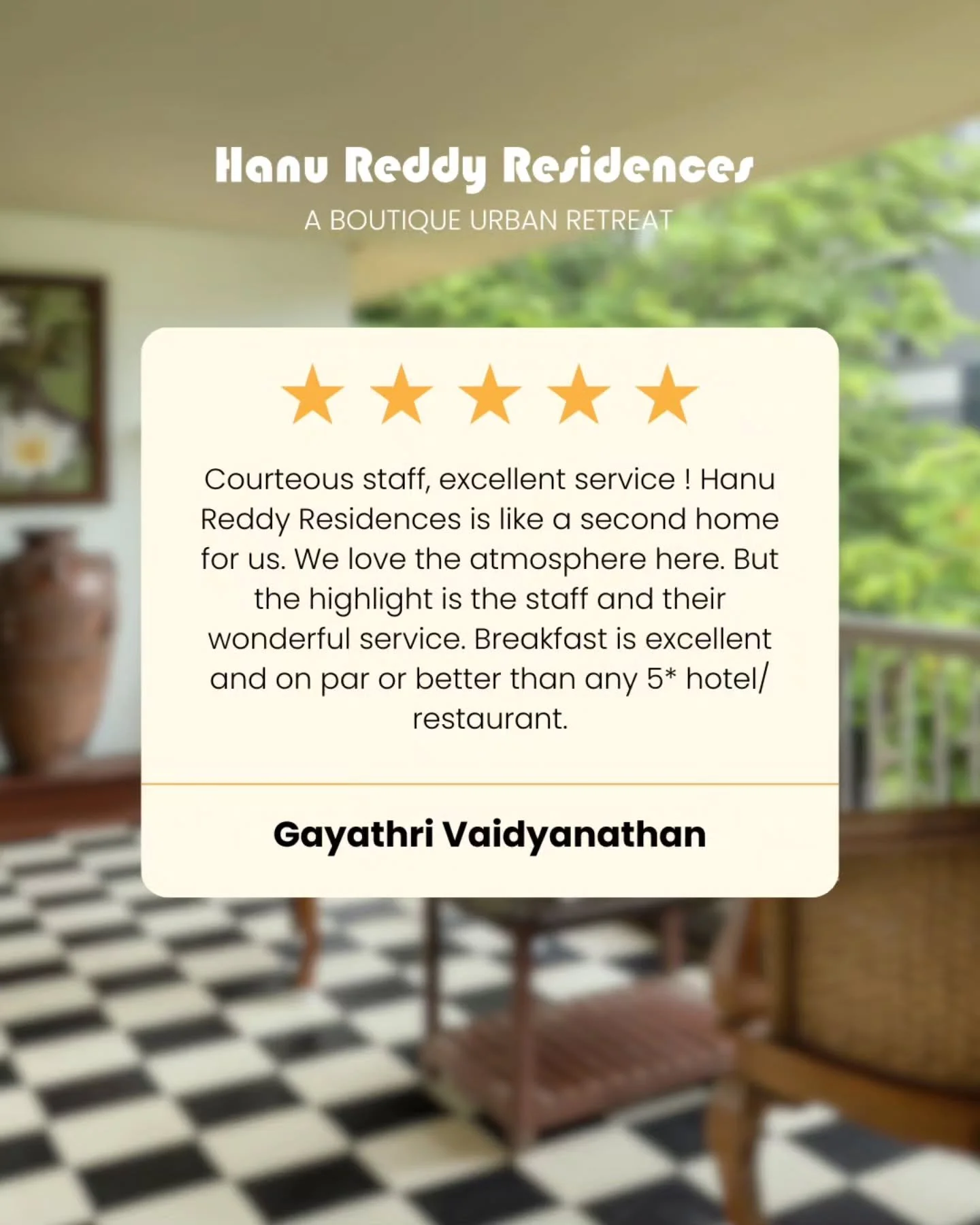 When guests call it a second home, we know we are doing something right. ⭐⭐⭐⭐⭐

Thank you for the kind words. This is exactly what we show up for every day. 🤍

Enquire now to book your stay.
📞 +91 73057 35555

Boutique Stay Chennai | Heritage Stay 