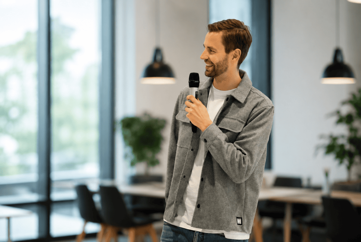 Ein Mann hält ein Mikrofon und spricht mit eine Lächeln im Gesicht. Er hat keine Redeangst