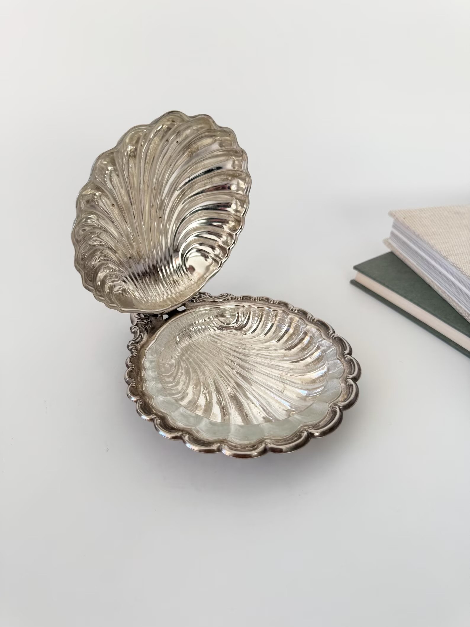 Silver plate scallop butter or trinket dish - has the glass insert and can work with a bevy of decor styles!