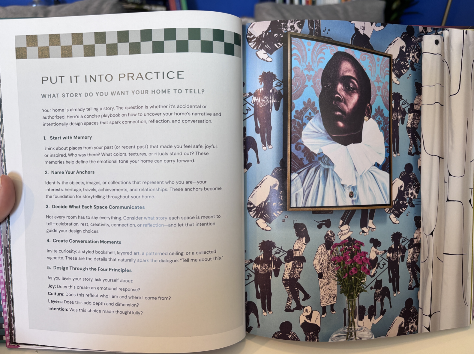 A picture from the inside of the book Soulful Maximalism, where the author helps you figure out what story you want your home to tell