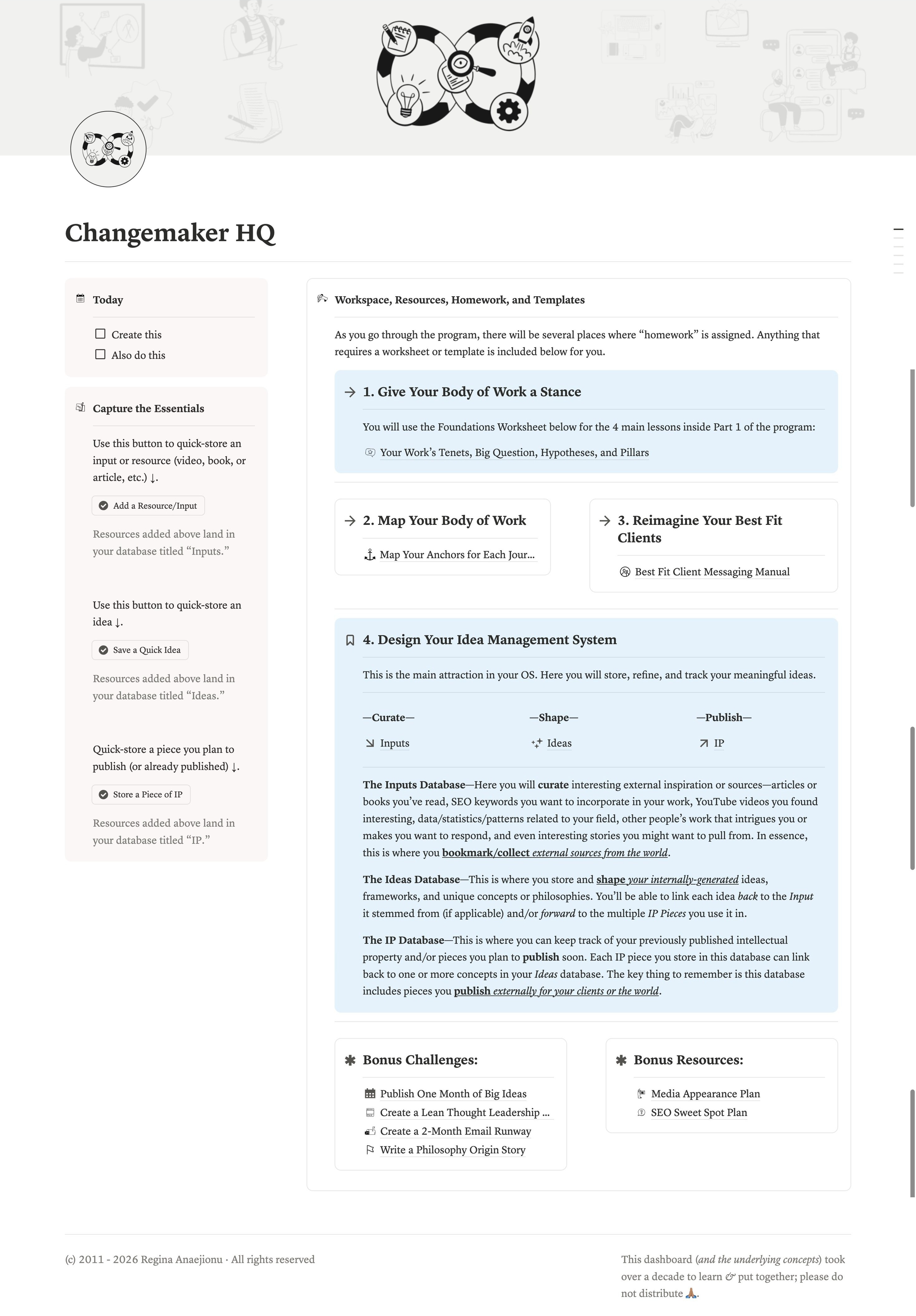 regina@byregina.com is "ChangeTinker HQ," which is a Notion template for thought leaders to organize their current and future body of work.