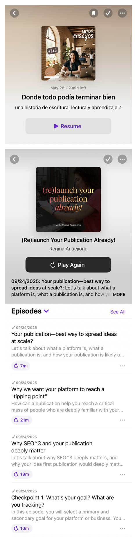 An image showing two private podcast projects of the author of this piece: project 1 is some essays (in Spanish) and project 2 is a 17-episode podcast about created a "search everywhere optimized" publication online (like a blog or YouTube channel)