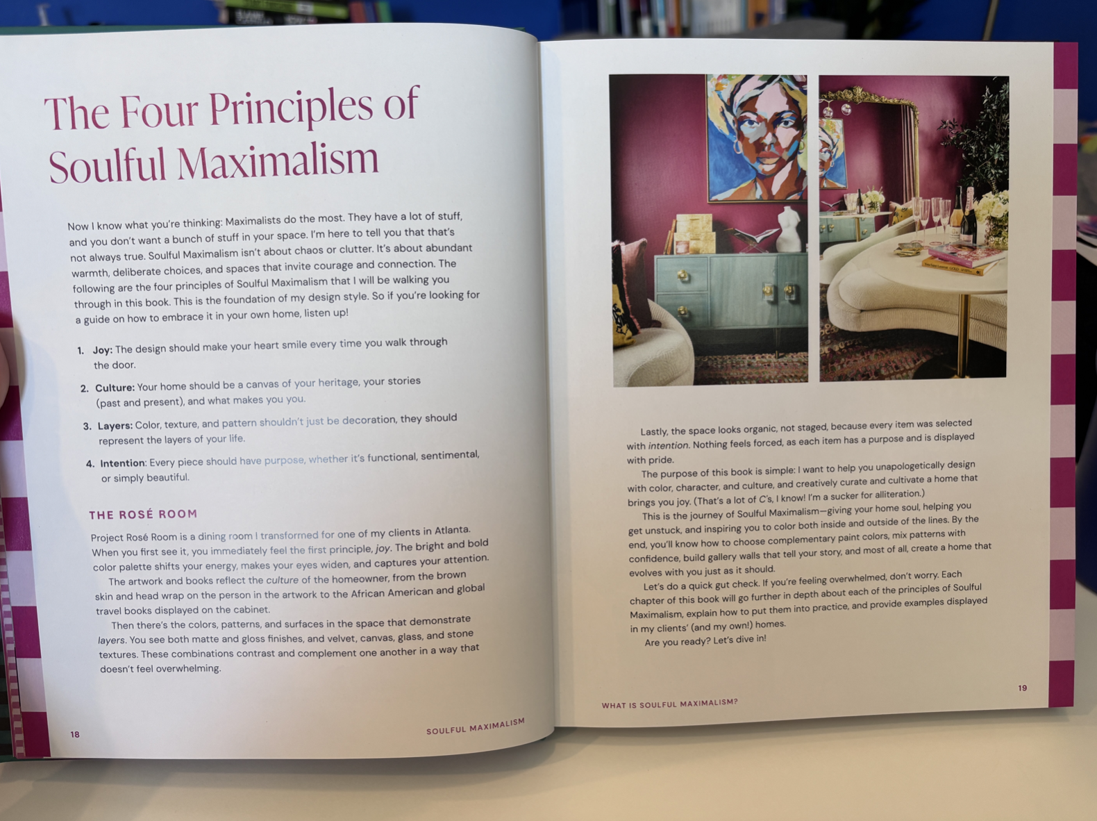 A picture of page 18 of the book Soulful Maximalism, on which the author dives deeper on the 4-part framework: joy, culture, layers, and intention