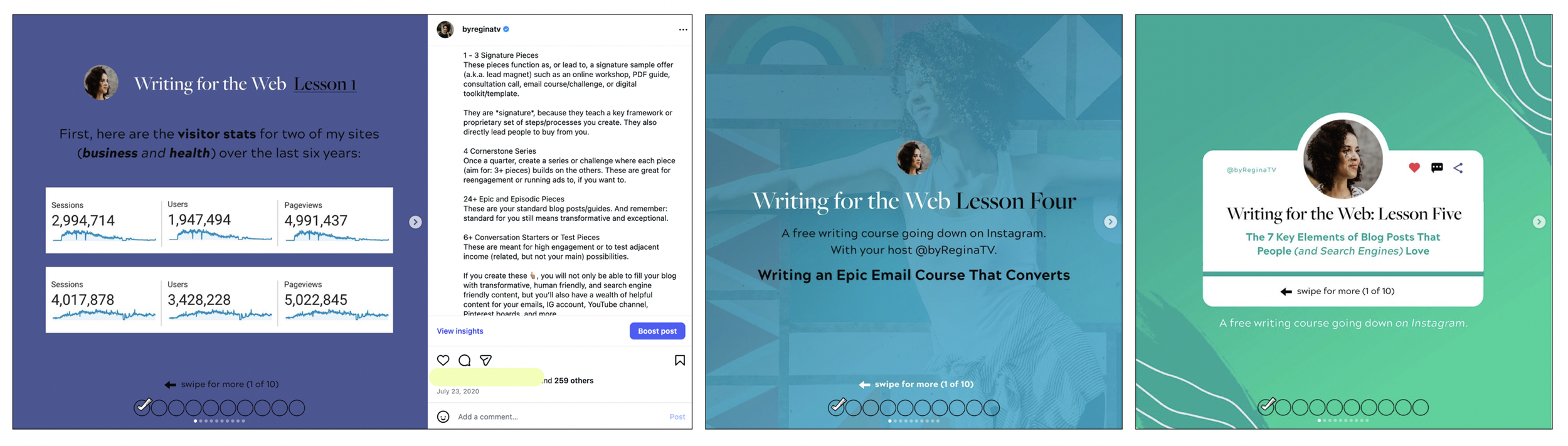 A screenshot of the first slide of 3 Instagram carousel posts that were a part of a "writing for the web" series I did years ago