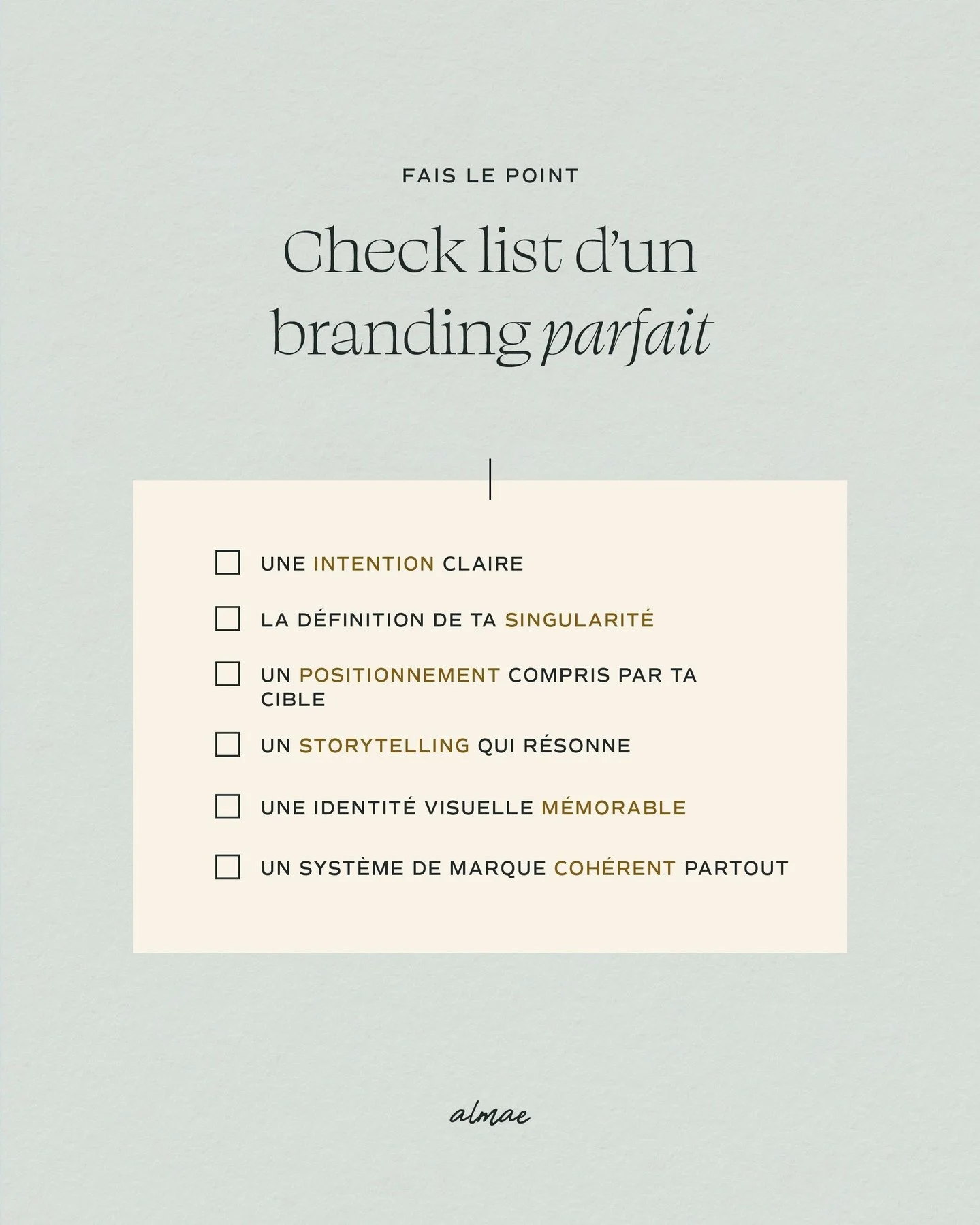 Checklist d'un branding parfait

Un &ldquo;beau logo&rdquo; ne suffit pas &agrave; faire mouche sur ton march&eacute;, quel qu'il soit....

Un branding parfait, c&rsquo;est un syst&egrave;me complet.

Cette check-list, c&rsquo;est le minimum vital po