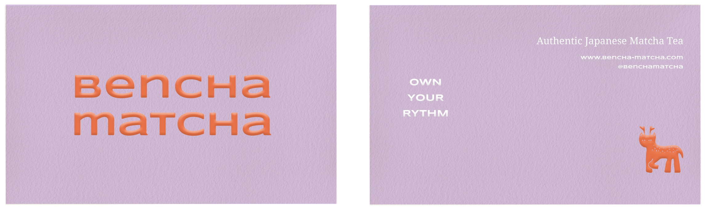Cartes de publicité pour le thé japonais matcha, avec le texte "Bencha matcha" et un message pour encourager à créer sa propre routine, accompagnées d'une illustration d'un petit animal orange