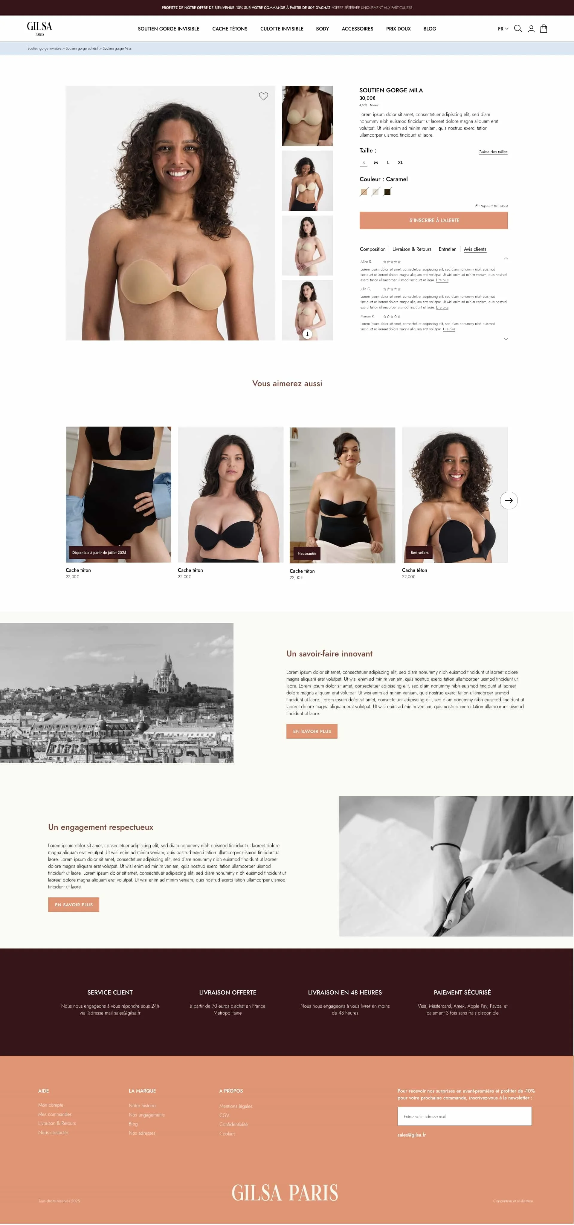 Capture d'écran d'une page web vendant des soutiens-gorge, avec une femme portant un soutien-gorge beige sculptural, et plusieurs autres modèles affichés en dessous.