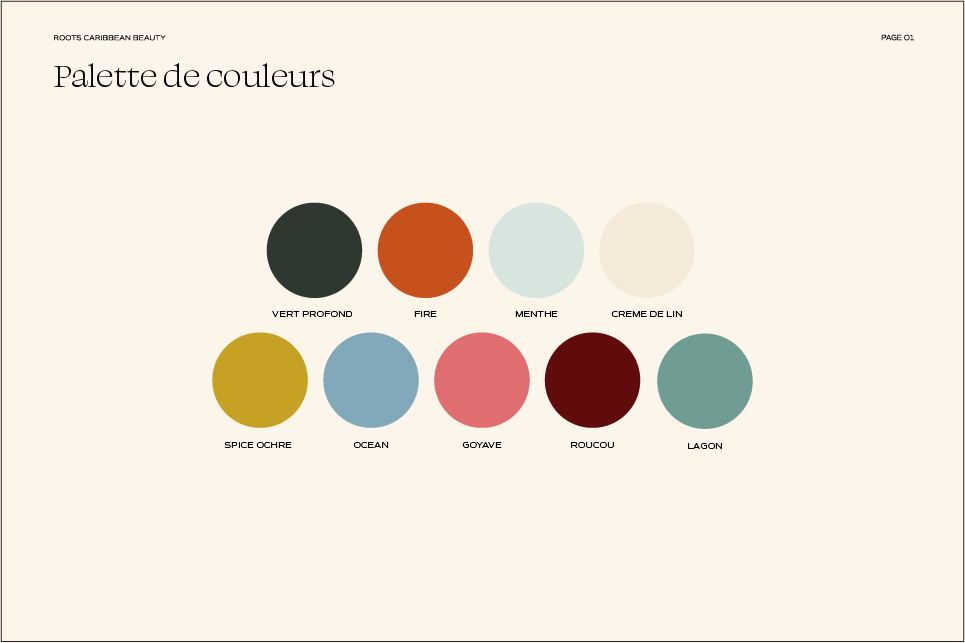 Palette de couleurs comprenant sept couleurs : vert profond, feu, menthe, crème de lin, spice ocre, océan, goyave, roucou, lagon.