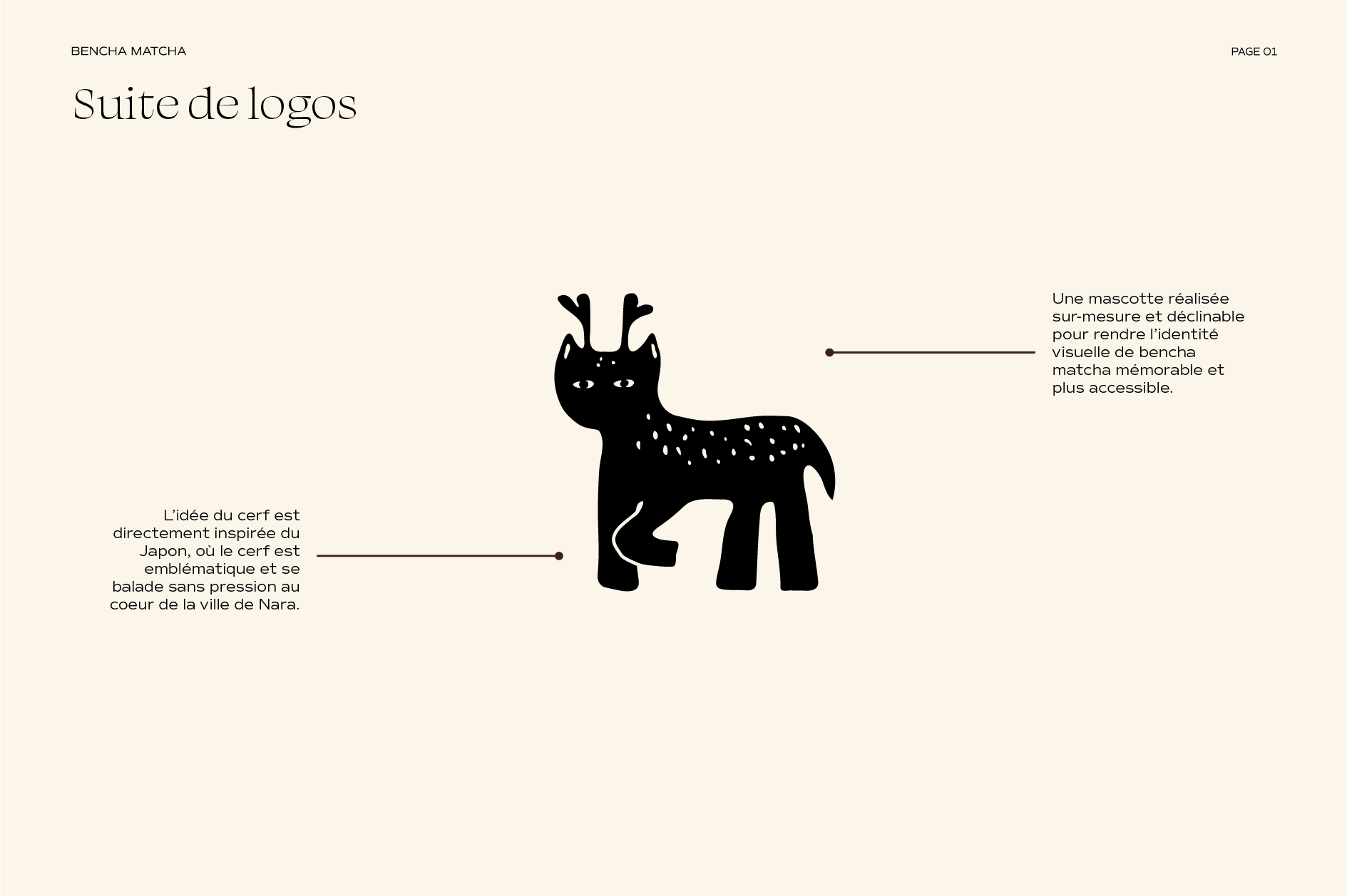 Page présentant un logo d'une mascotte de style cerf noir avec des yeux blancs, inspirée de la culture japonaise, conçue pour être facilement identifiable sur une bench match