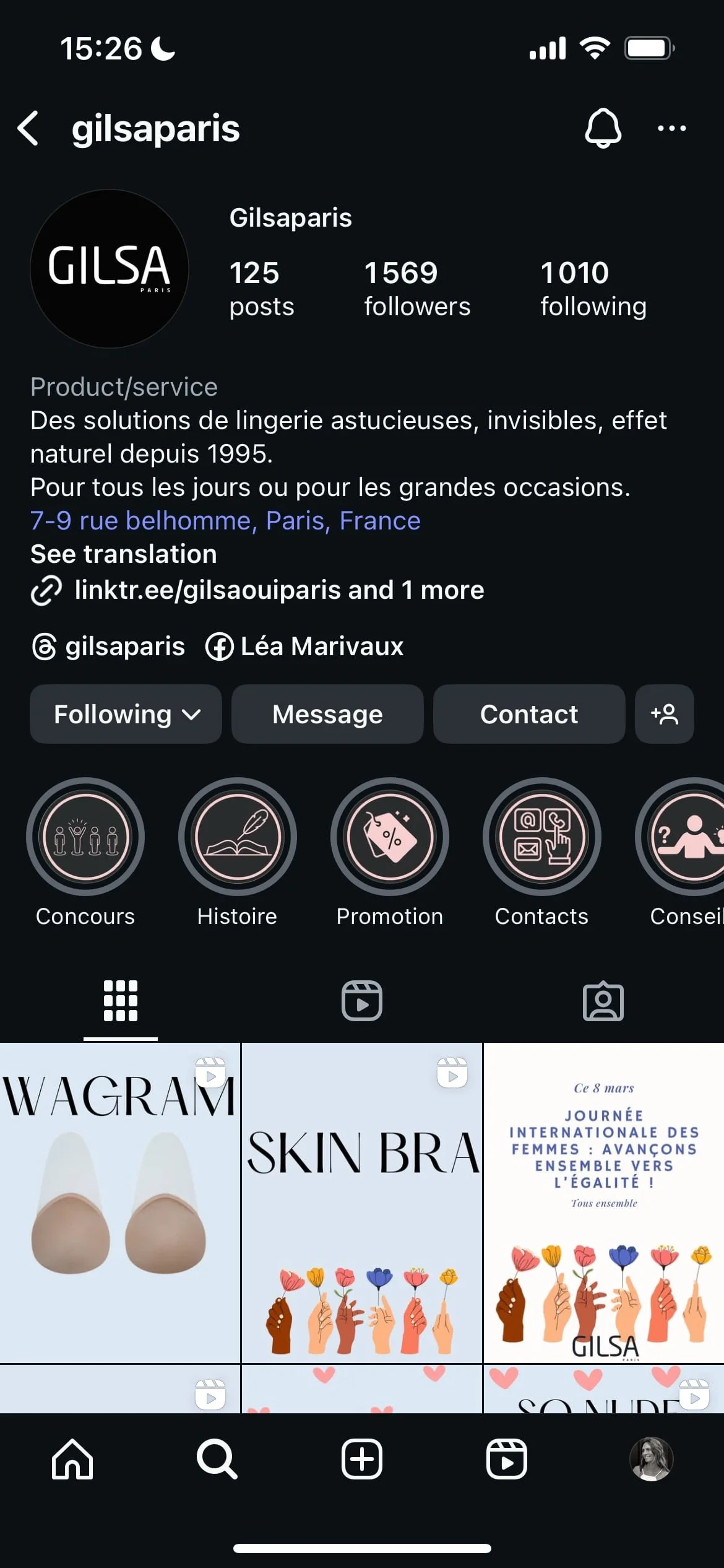 Capture d'écran d'une page Instagram de la marque GILSA PARIS, montrant des onglets avec des icônes pour concours, histoire, promotion, contacts et conseils, ainsi que des images promotionnelles liées à la lingerie et à la journée internationale des femmes.