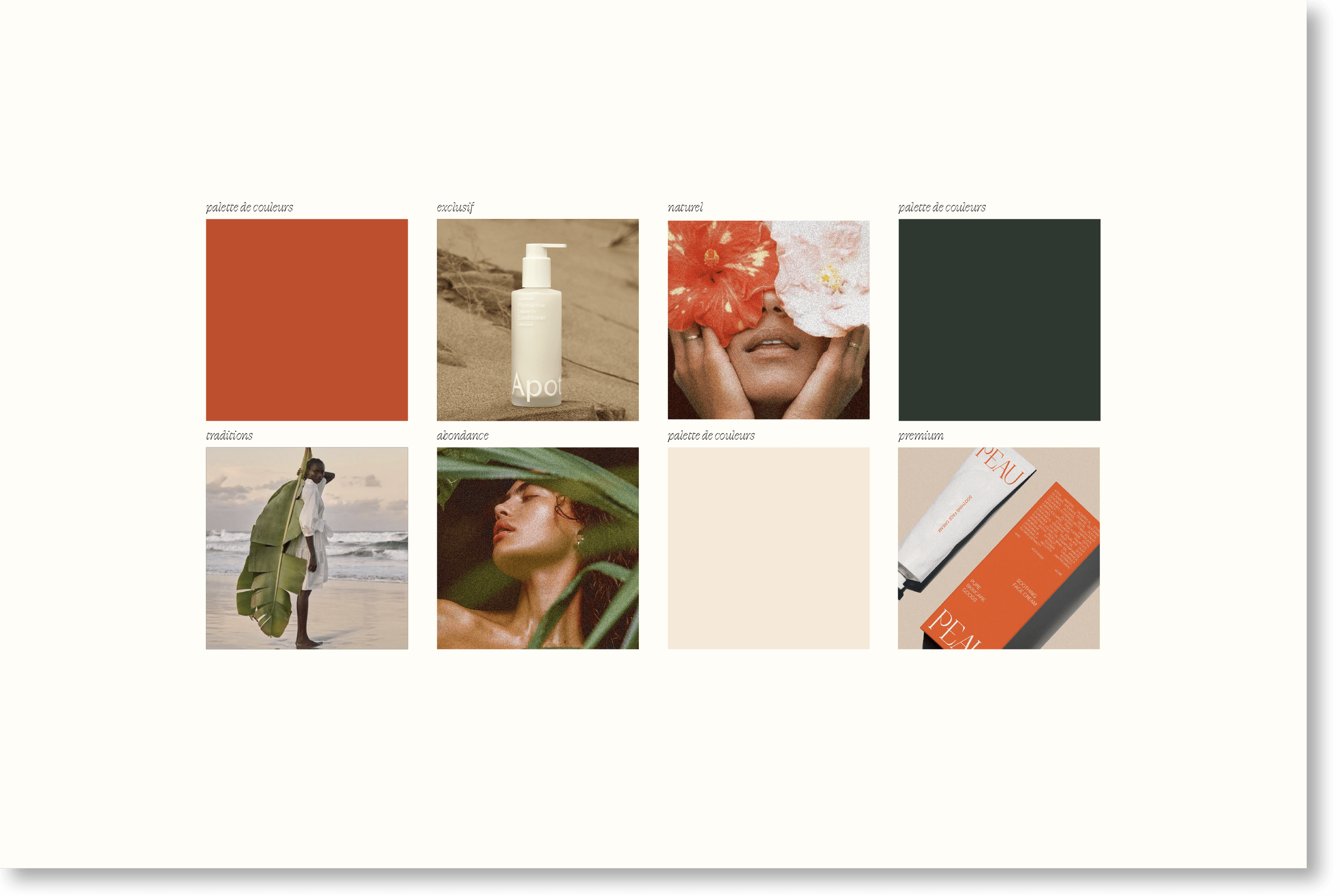Moodboard d'une marque de cosmétiques aux inspirations tropicales venues des Caraïbes Roots Caribbean Beauty