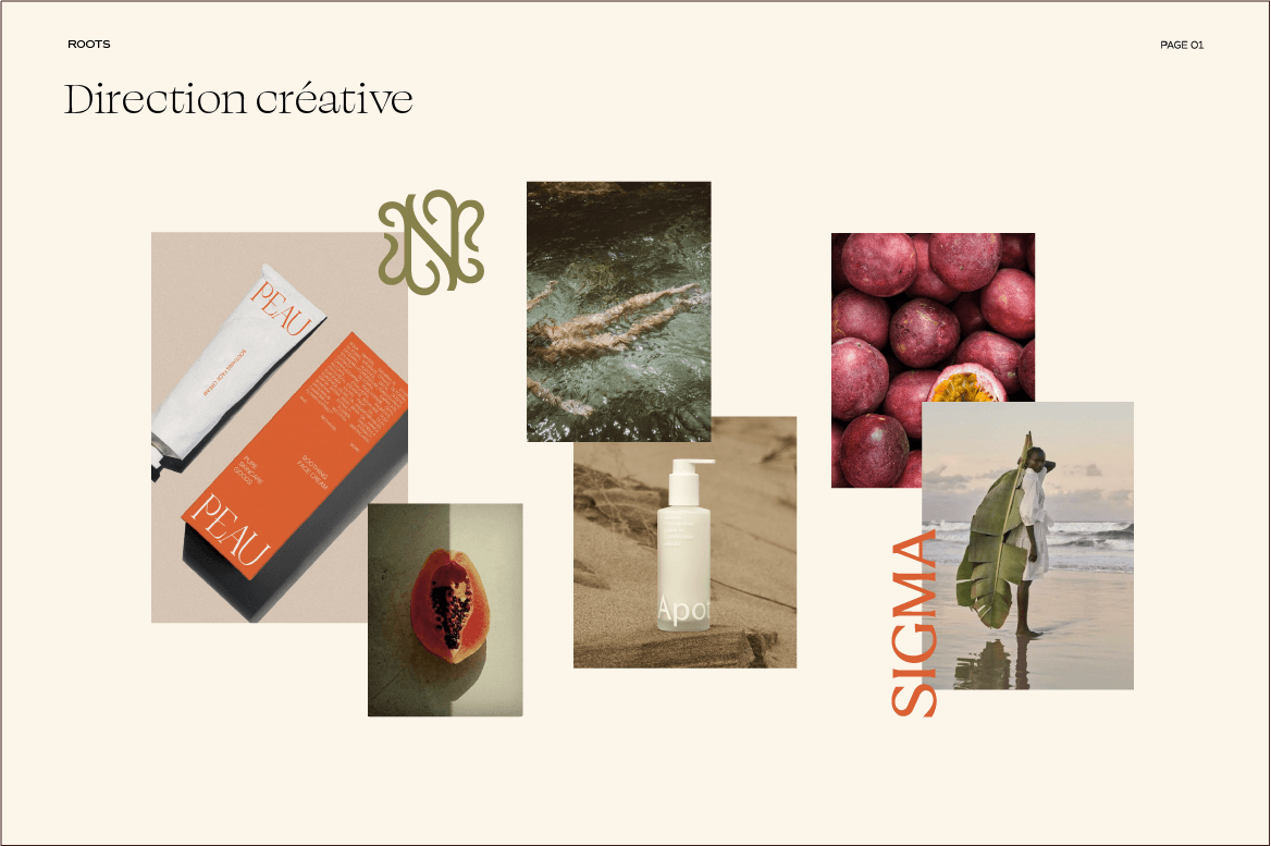 Une page de présentation avec le titre "Direction créative" comprenant des images de produits de soin, fruits, une personne sur la plage avec un grand feuille comme accessoire, et un logo stylisé. Le design est minimaliste avec un fond beige clair.