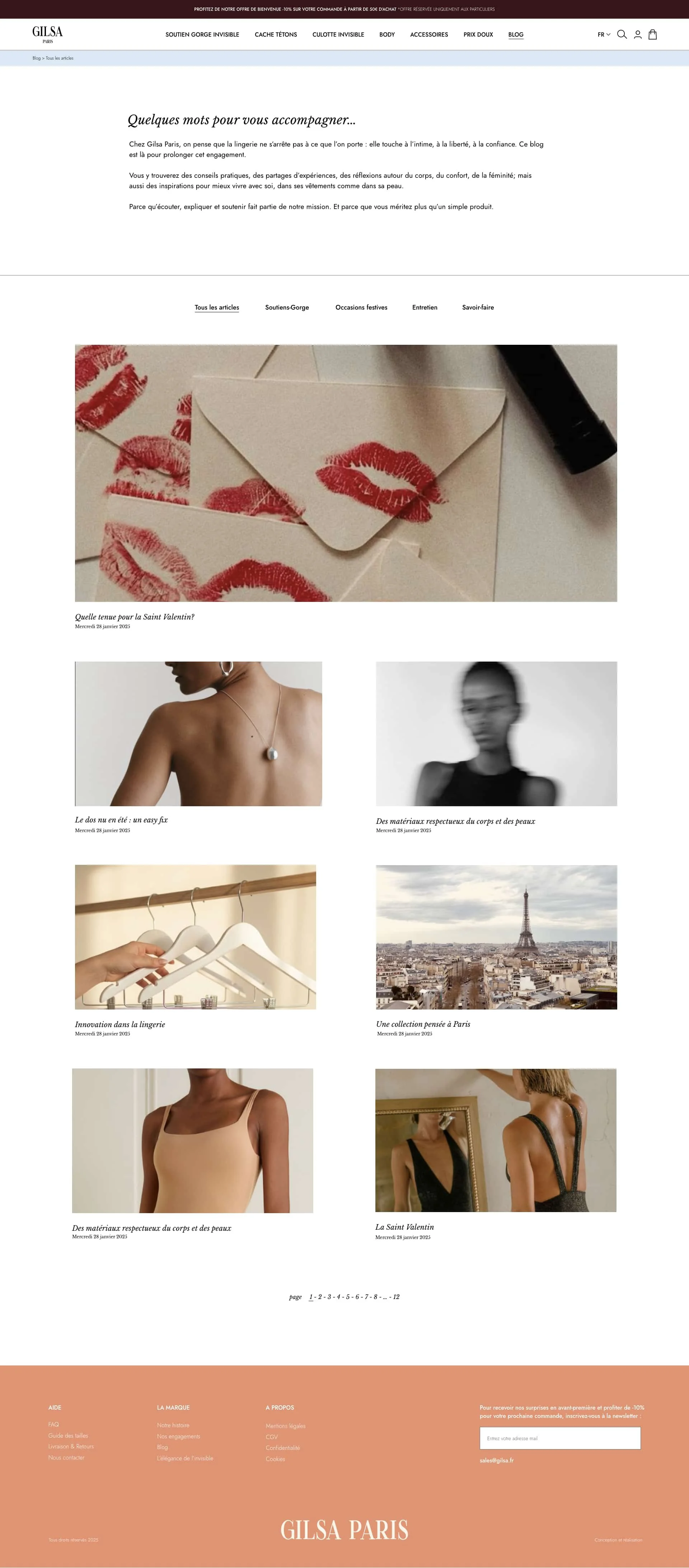 Capture d'écran d'une page web de GILSA Paris avec des articles liés à la lingerie, des images de baisers, des bijoux, des collections à Paris et des vêtements.