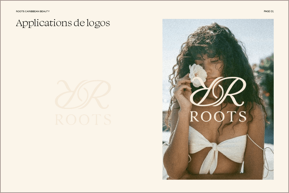 Une femme avec des cheveux frisés portant un haut blanc noué, tenant une fleur blanche près du visage, avec le logo "ROOTS" sur la photo.