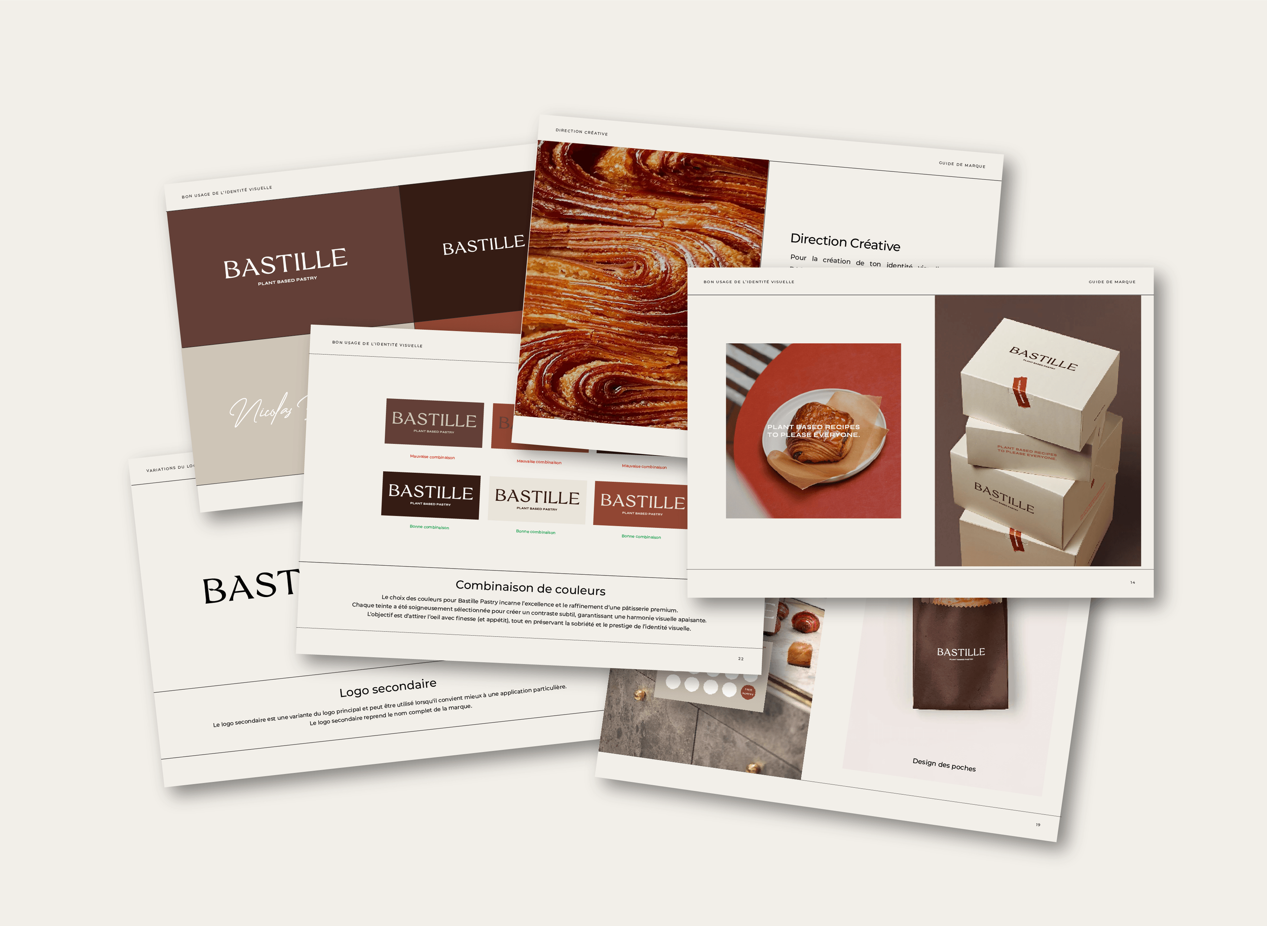 mockups d'application de l'identité Bastille Pastry sur packaging