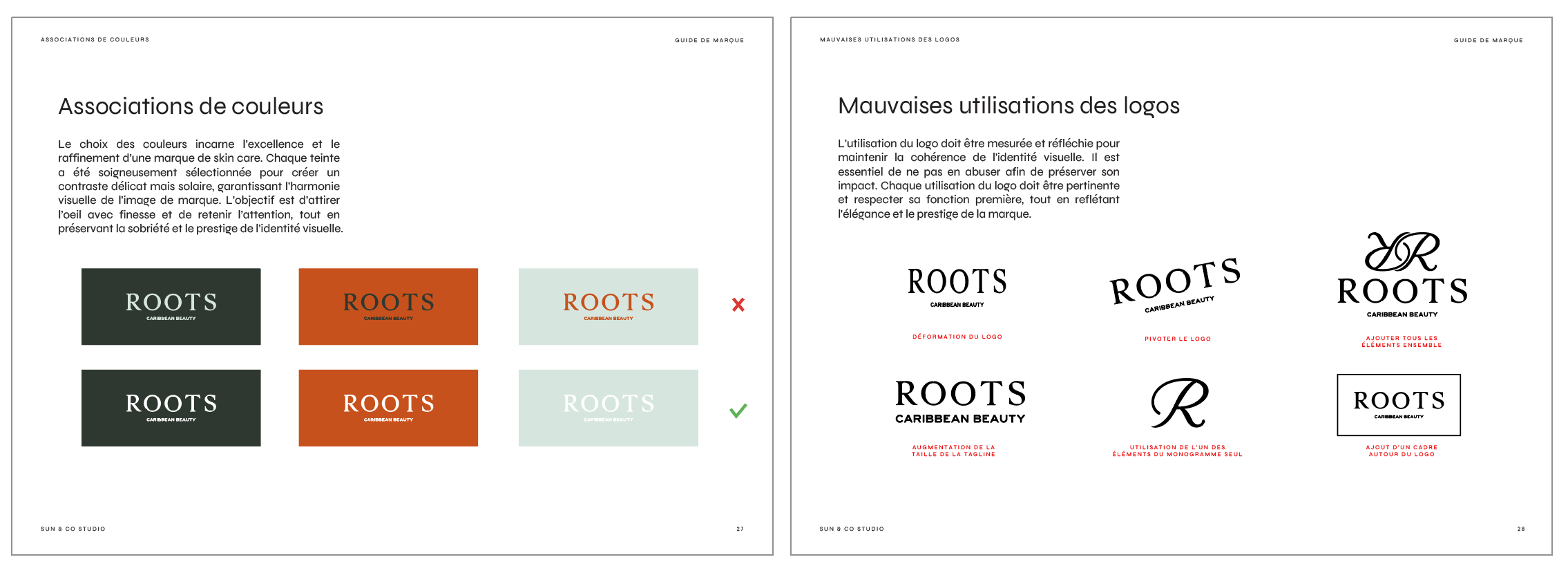 Exemple de charte graphique Roots, page des erreurs à éviter sur le logo et les couleurs