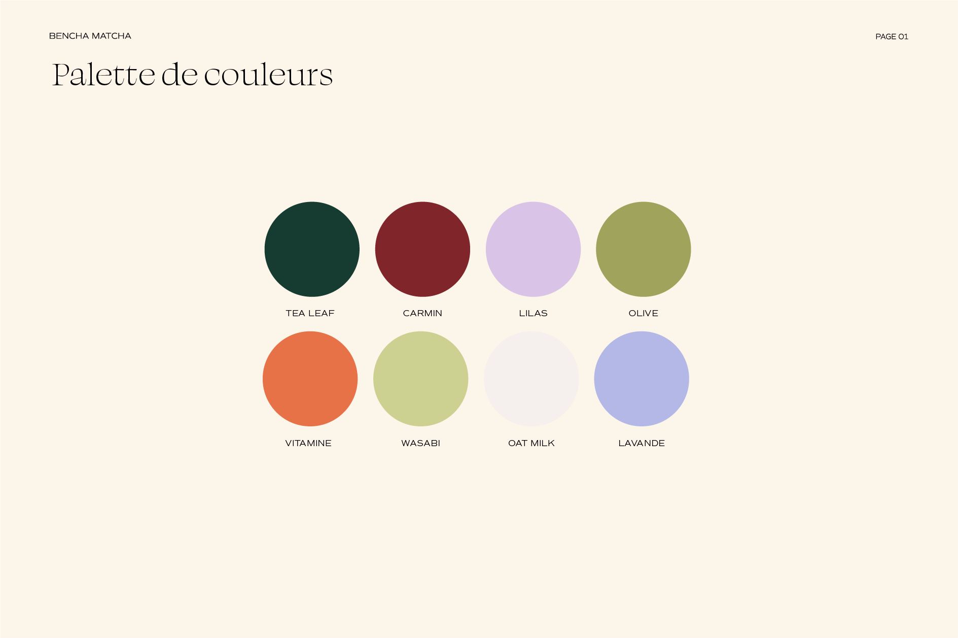 Palette de couleurs composée de dix cercles de différentes couleurs avec noms en dessous, comme 'TEA LEAF', 'CARMIN', 'LILAS', 'OLIVE', 'VITAMINE', 'WASABI', 'OAT MILK', 'LAVANDE'.