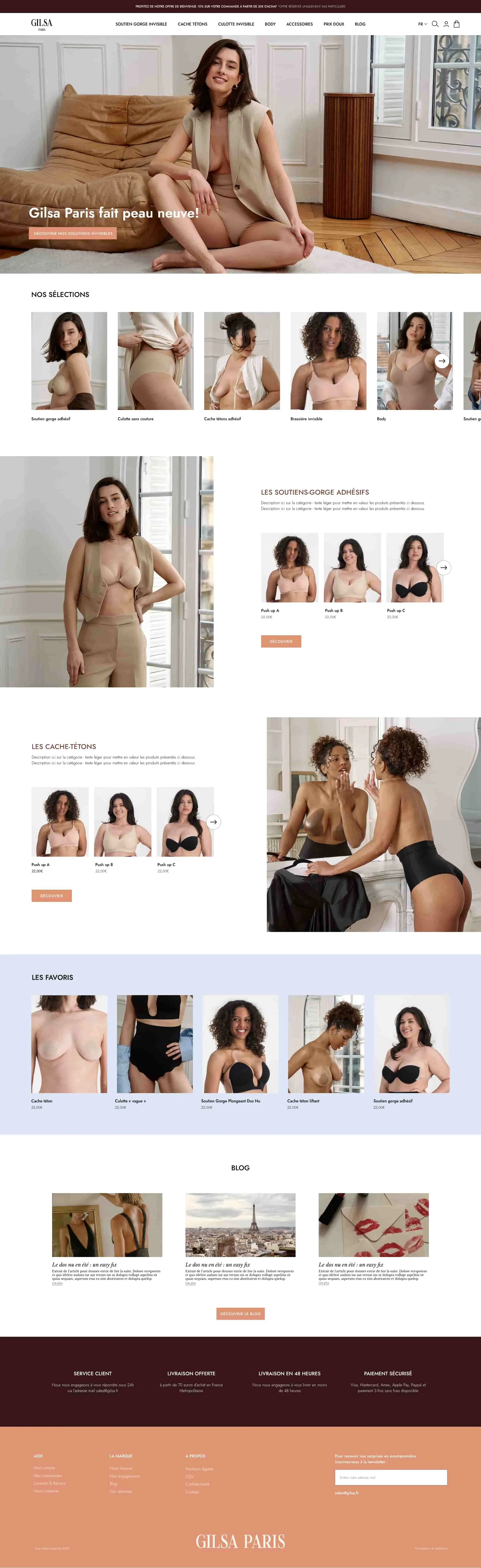 Page d'accueil du site GILSA Paris mettant en avant des modèles de soutien-gorge et de cache-tétons dans un intérieur élégant, avec sections pour choix, produits favoris, blog, et informations de contact.