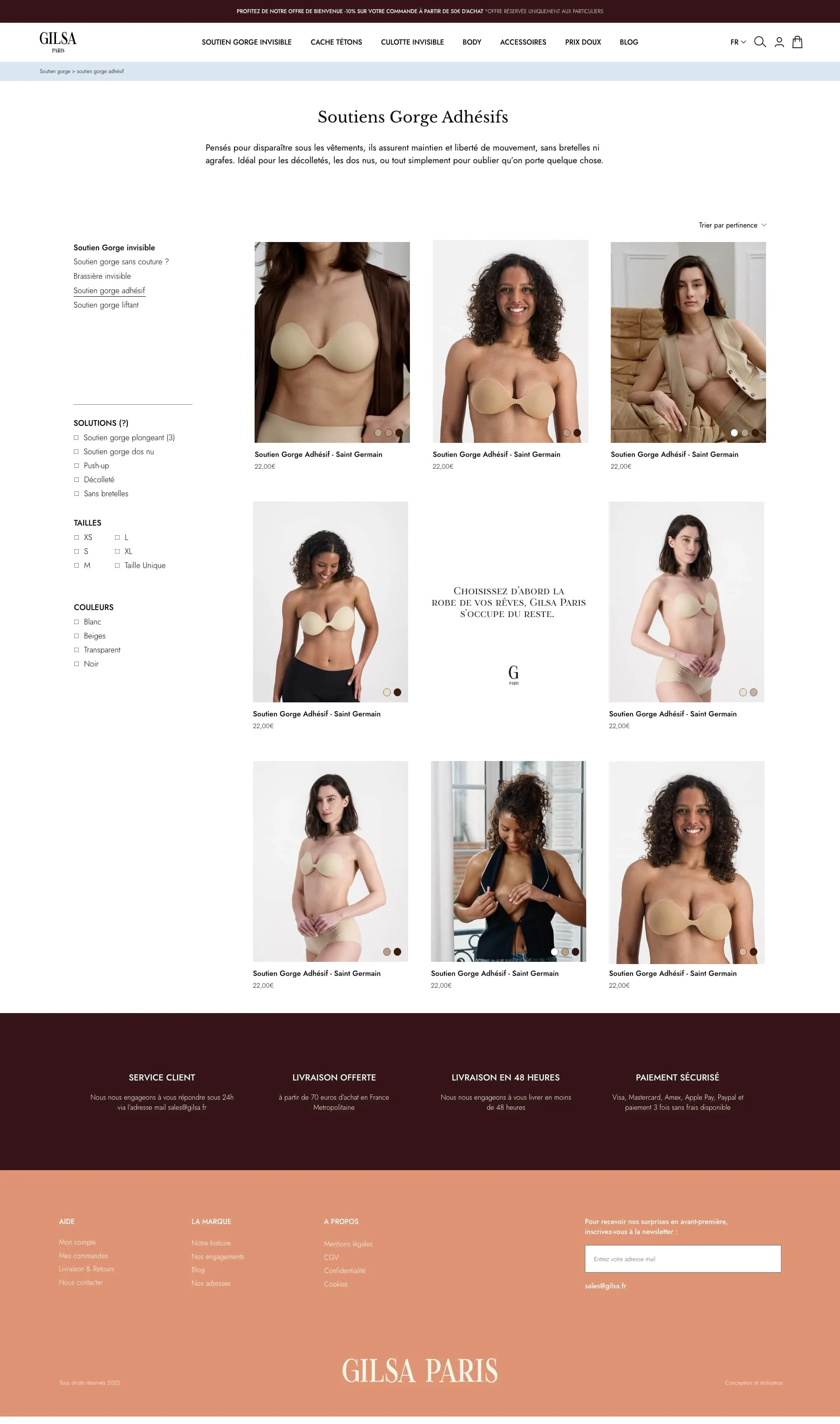 Page d'accueil d'un site de vente de vêtements, avec des modèles portant des soutiens-gorge adhésifs, présentant différentes femmes dans des tenues diverses, avec un menu en haut, des produits en venteau centre, et des sections d'informations en bas.